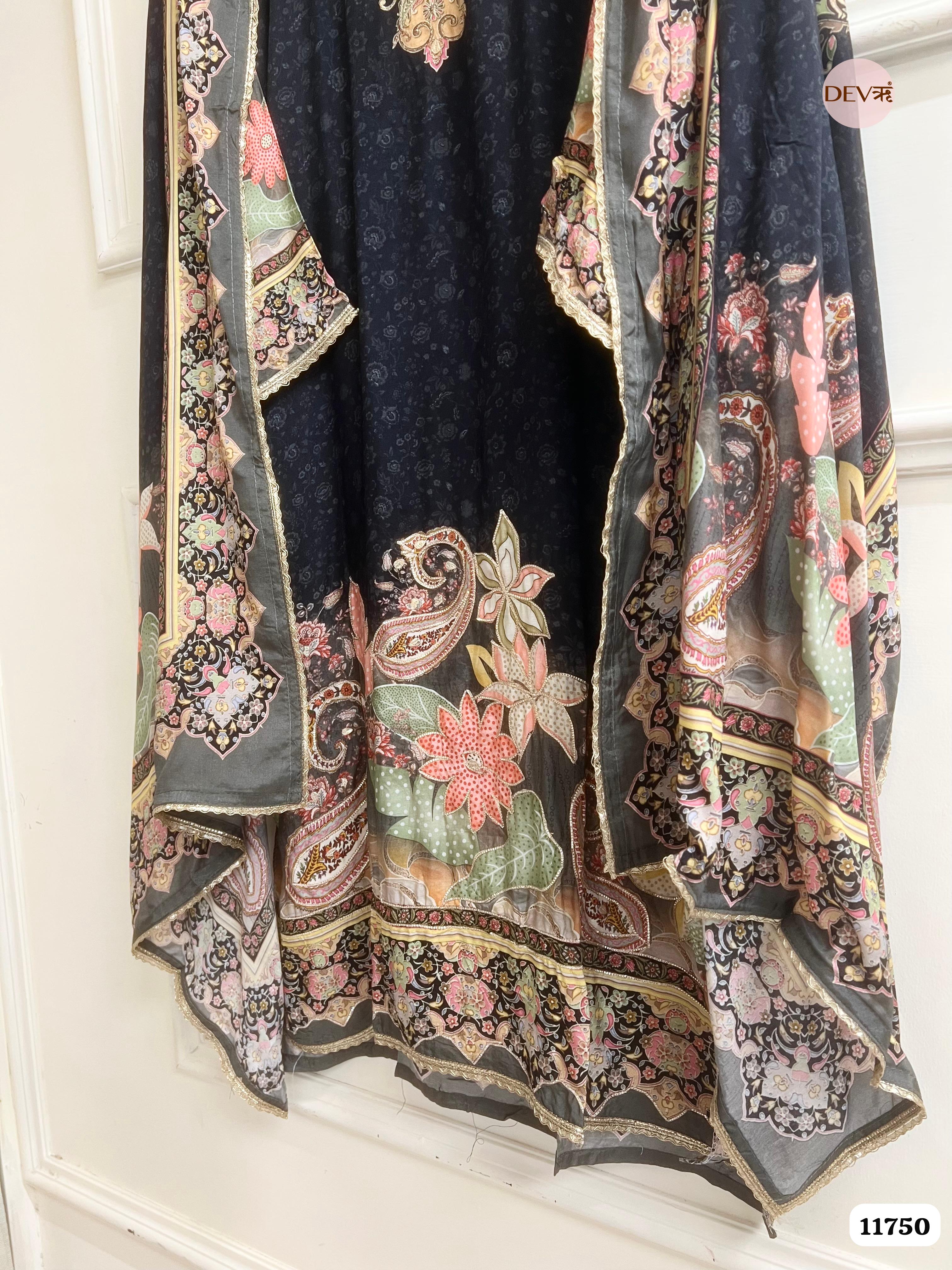 Black Muslin Semi Stitched Printed Hand Embroidered -Set Of 3- {11750}