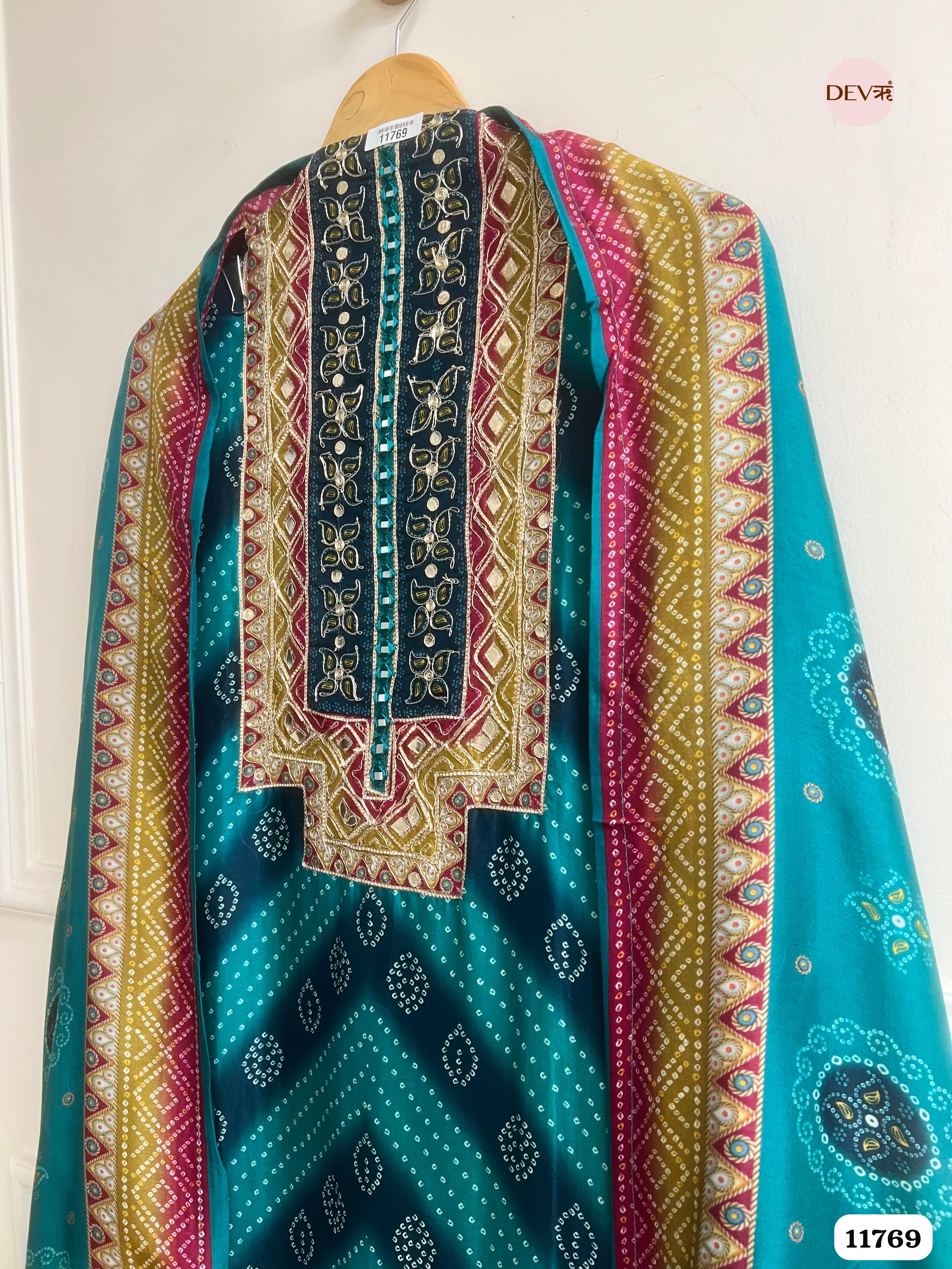 Blue Green Russian Silk Printed Unstitched Hand Embroidered -Set Of 3 {11769}