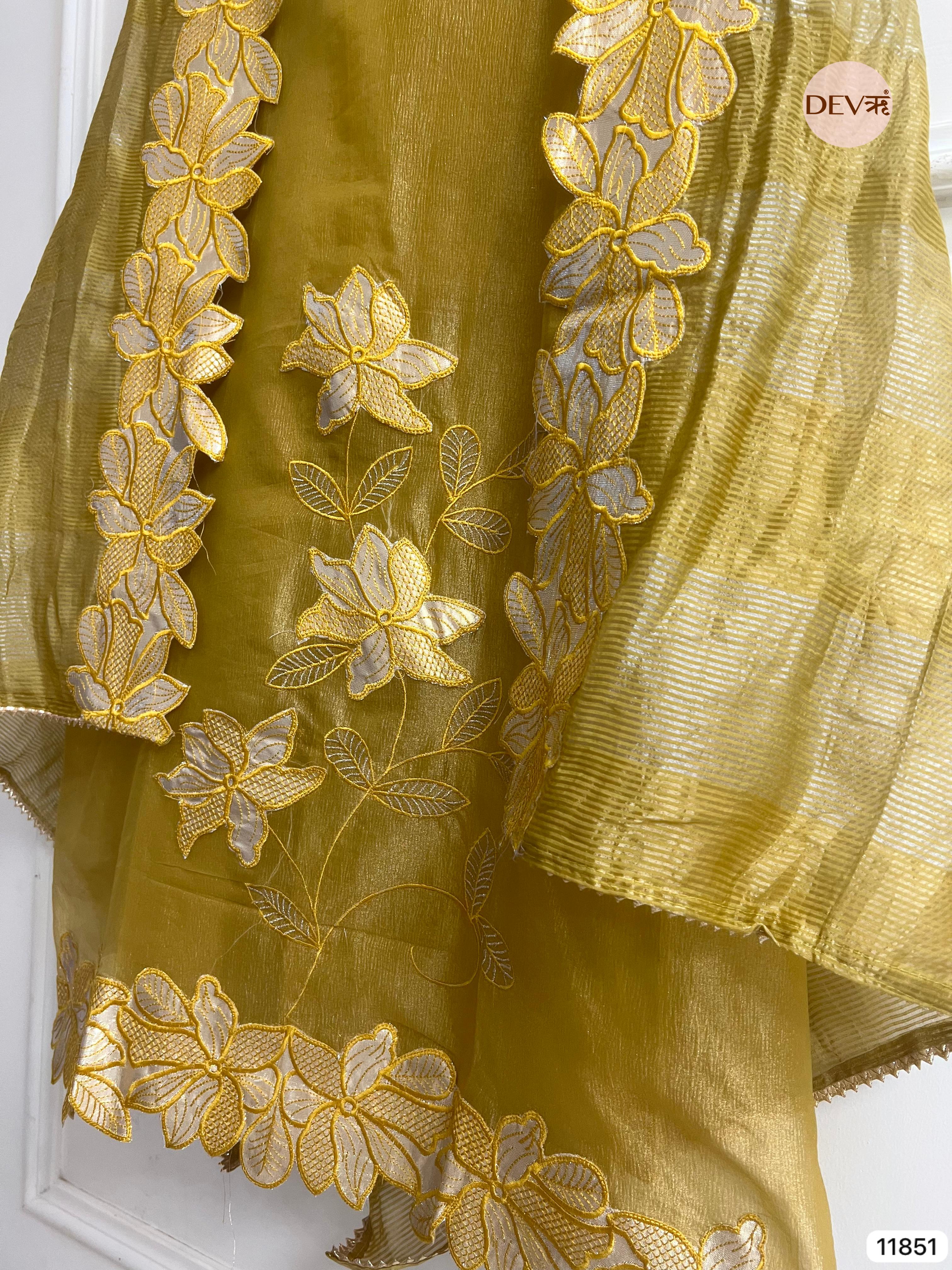 Golden Brown Tissue Silk Unstitched Embroidered -Set Of 3- {11851}