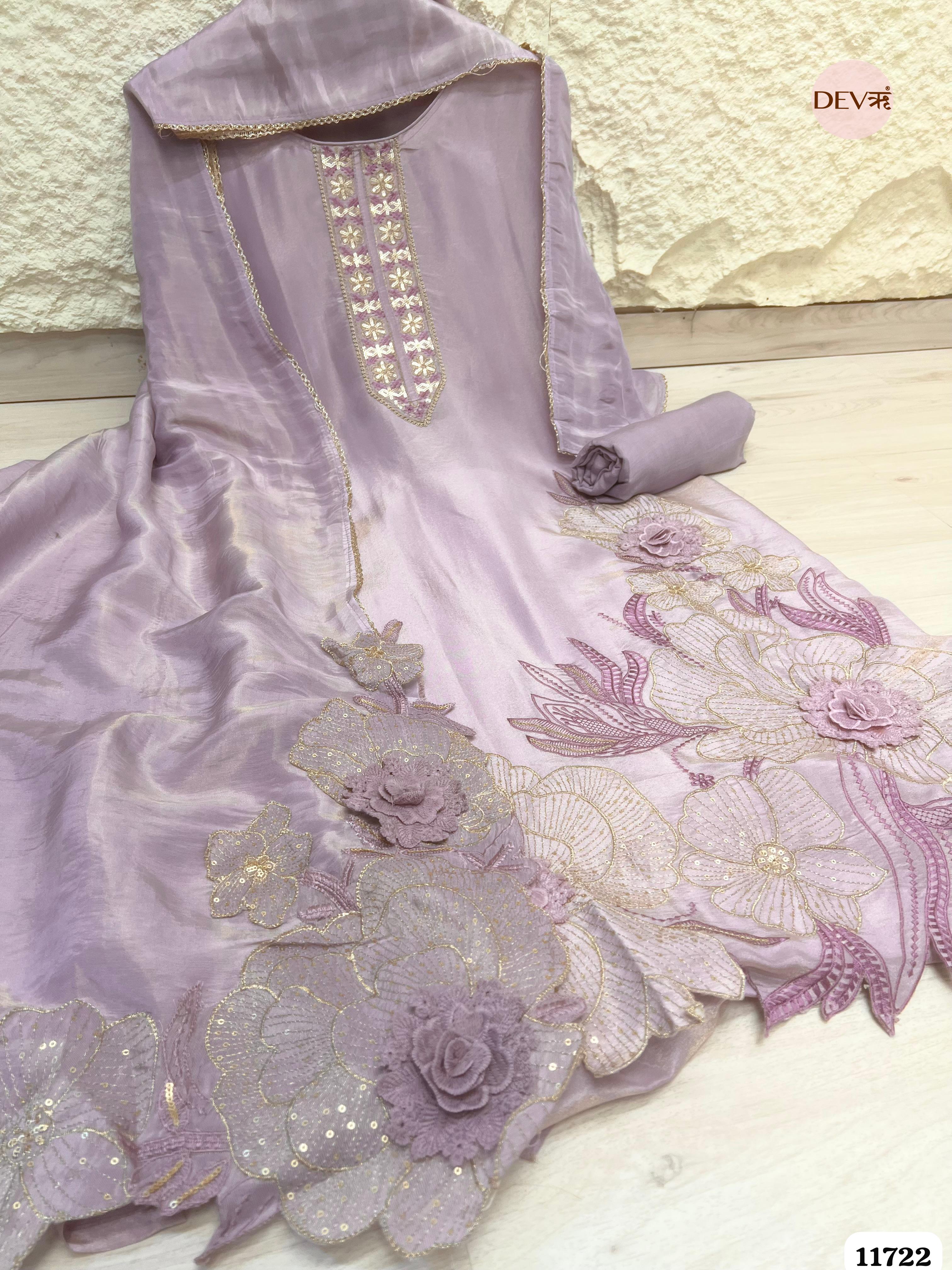 Light Purple Tissue Shimmer Silk Unstitched Embroidered -Set Of 3- {11722}