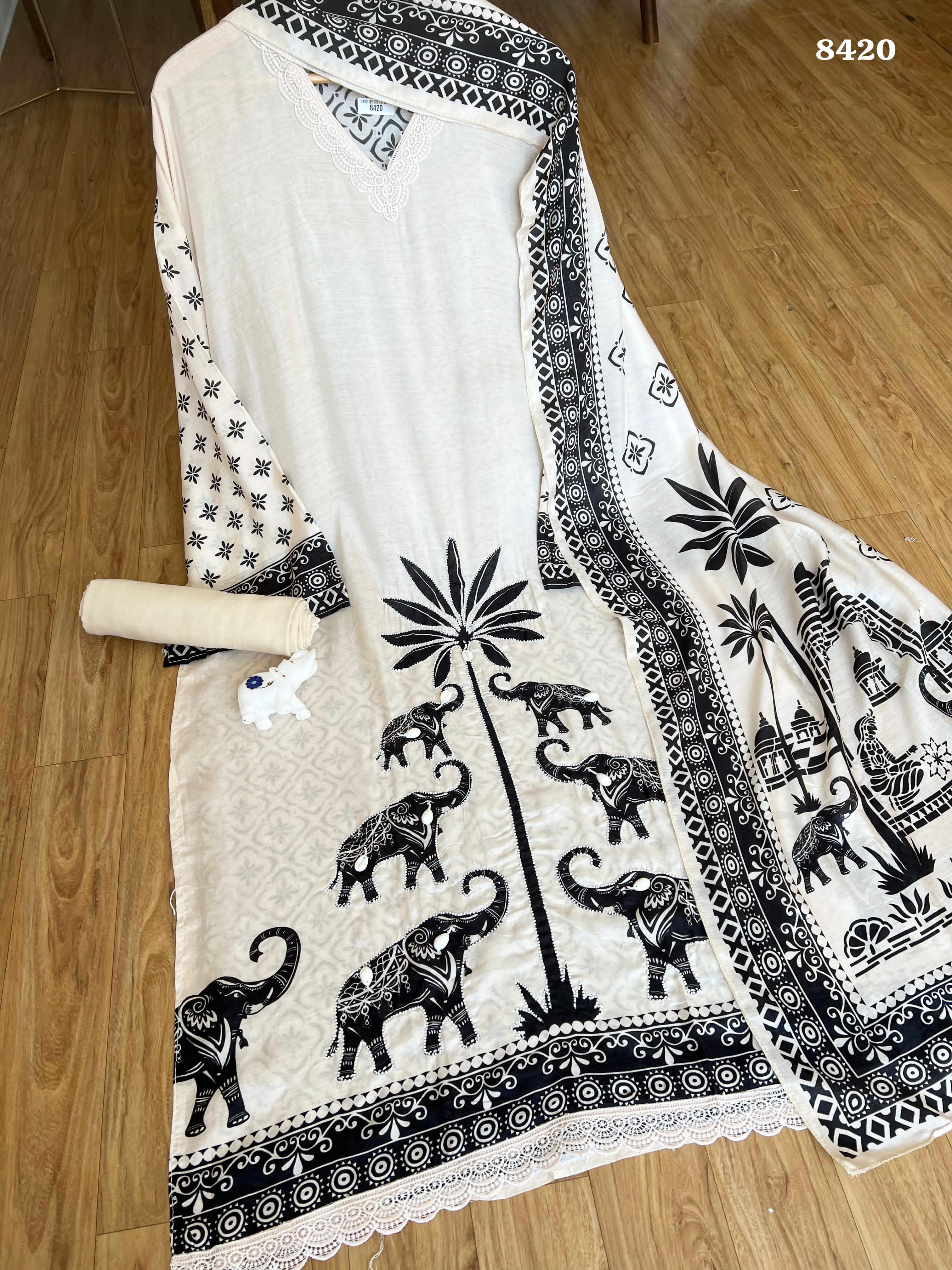 Beige Pure Muslin Semi Stitched-Set Of 3 - {8420}