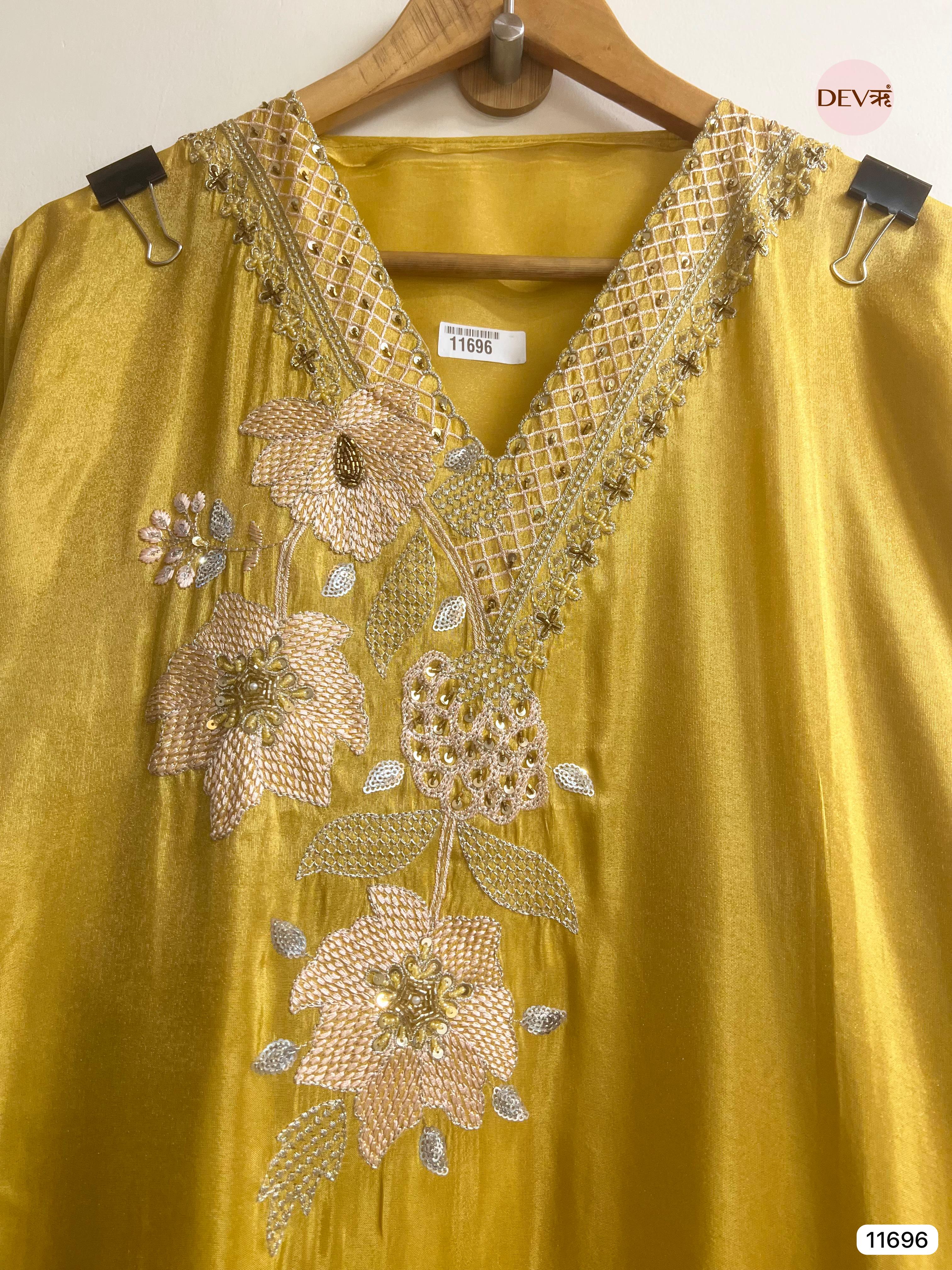 Yellow Tissue Shimmer Silk Semi Stitched Hand Embroidered -Set Of 3- {11696}