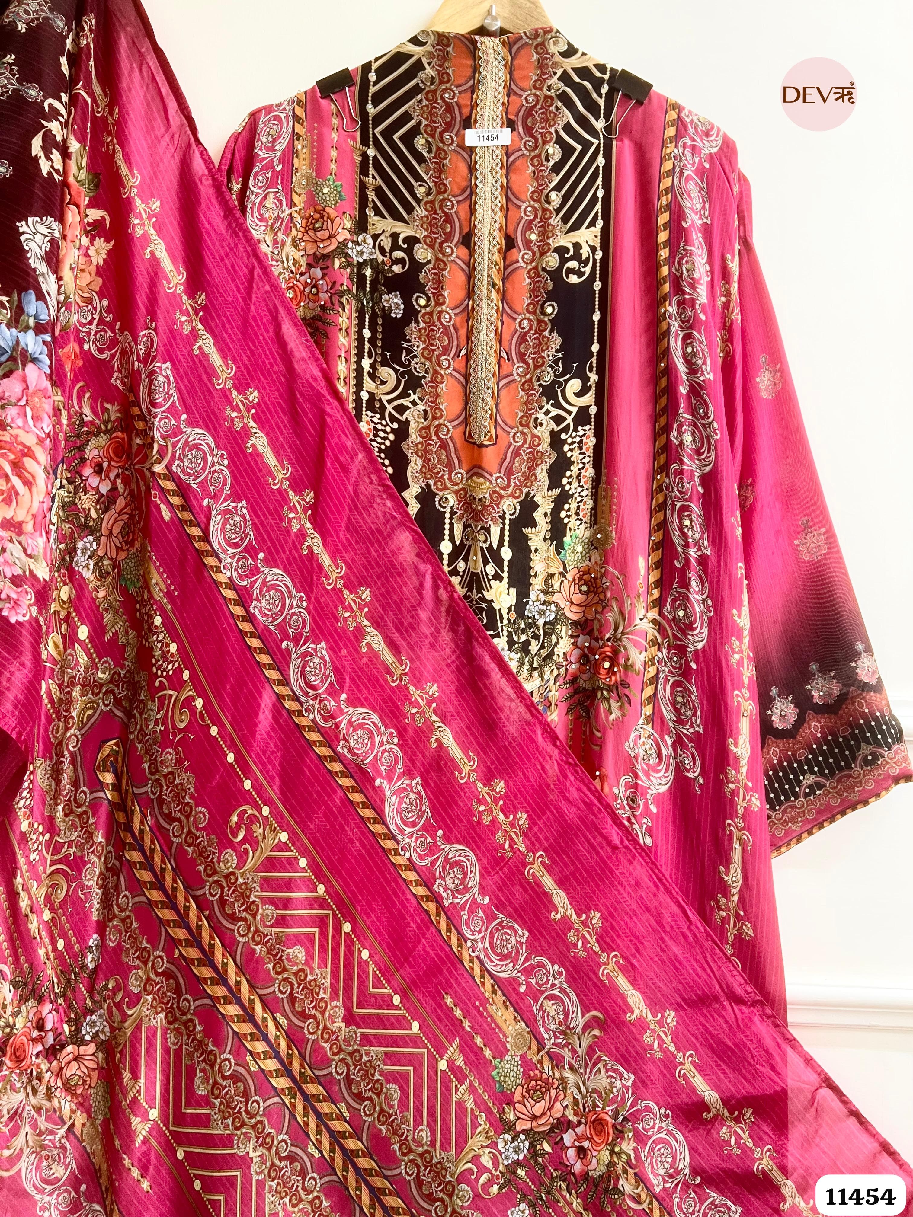 Pink organza Silk Printed Semi - Stitched Hand Embroidered -Set Of 3 {11454}