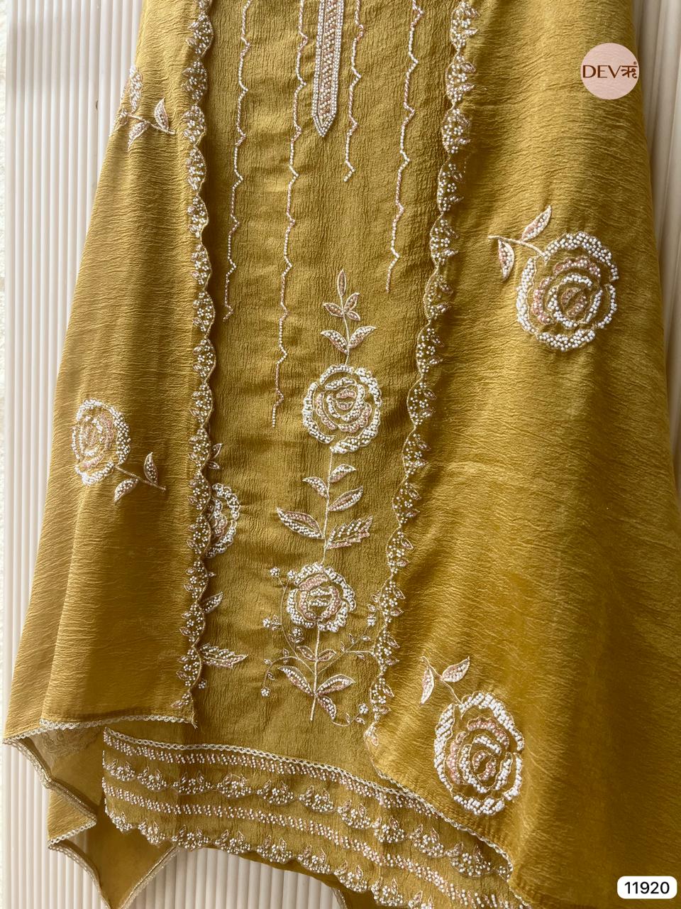 Yellow Pure Tissue Crush Unstitched Hand Embroidered -Set Of 3 - {11920}