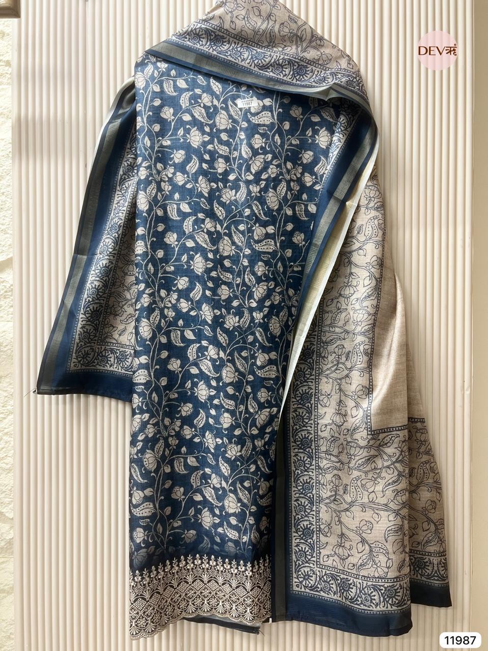 Blue Pure Tusser Silk Printed Unstitched 3-Piece Suit (Devri – D.No 11987)