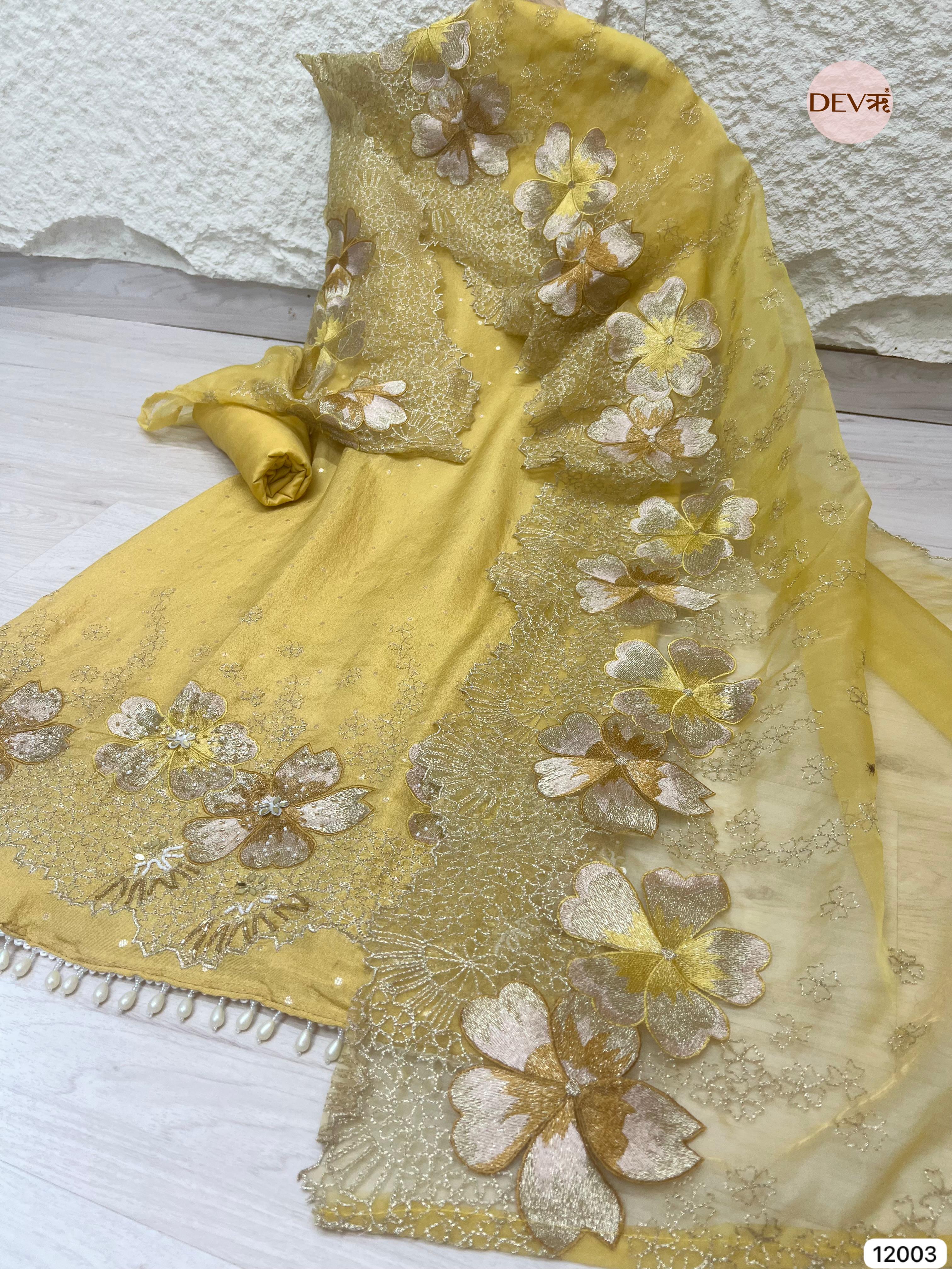 Yellow Tissue Shimmer Silk Unstitched Embroidered -Set Of 3- {12003}