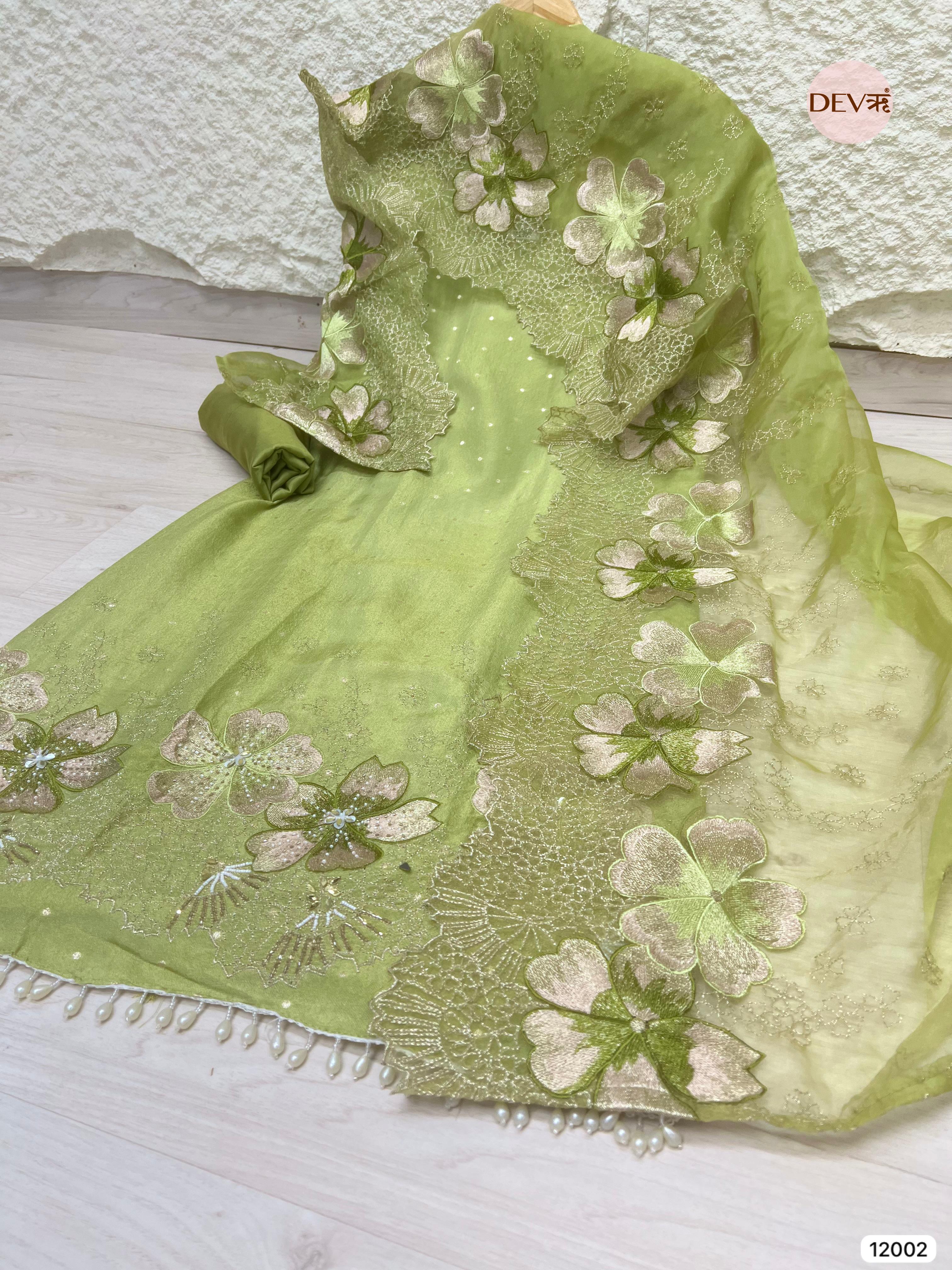 Green Tissue Shimmer Silk Unstitched Embroidered -Set Of 3 - {12002}