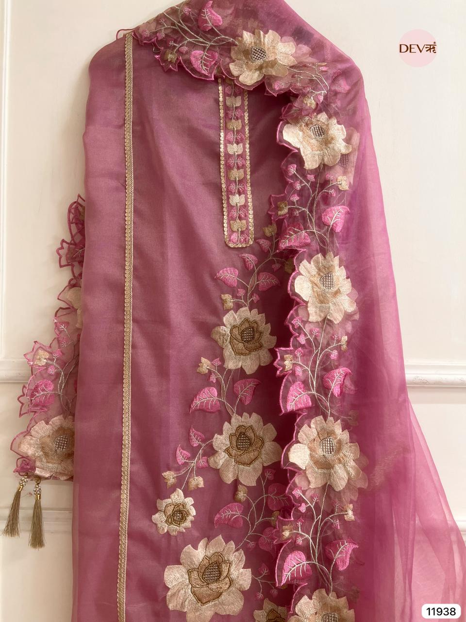 Pink Tissue Silk Unstitched Embroidered -Set Of 3 - {11938}