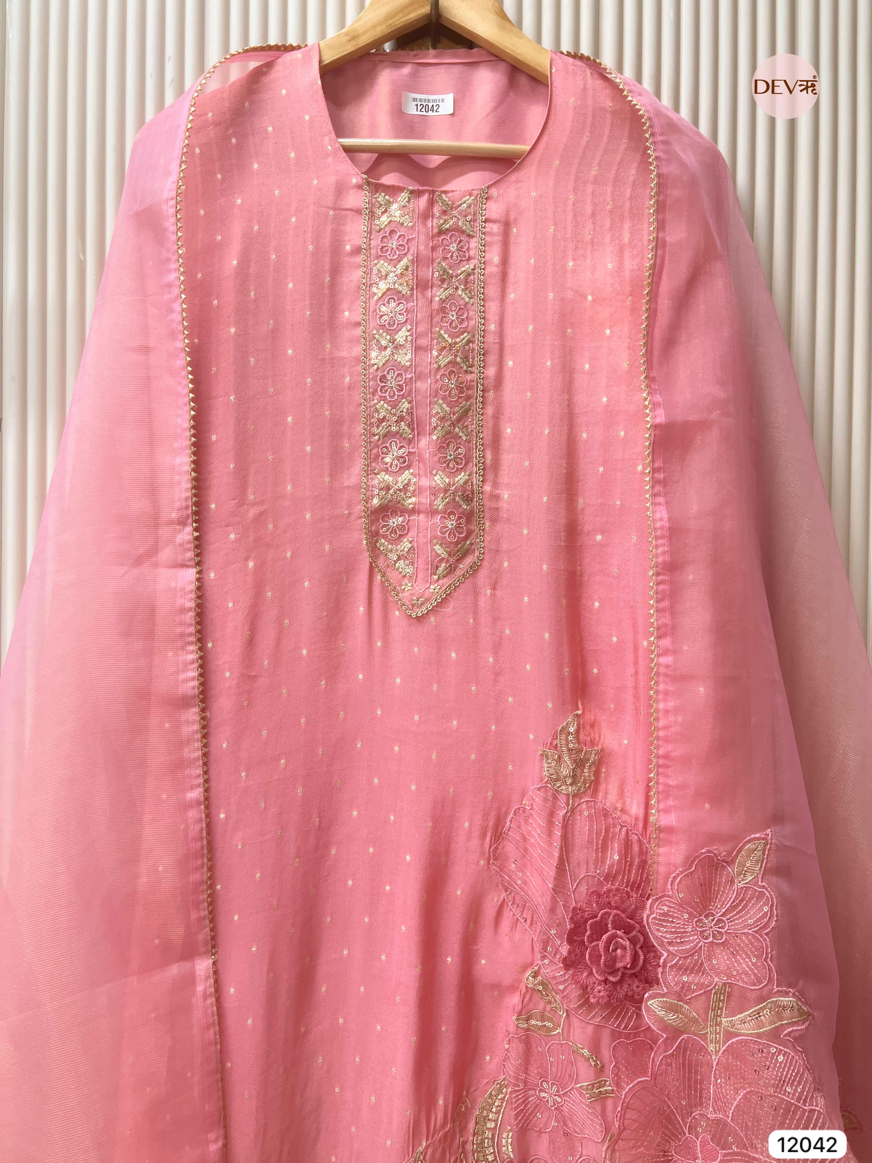 Pink Tissue Shimmer Silk Unstitched Embroidered -Set Of 3- {12042}