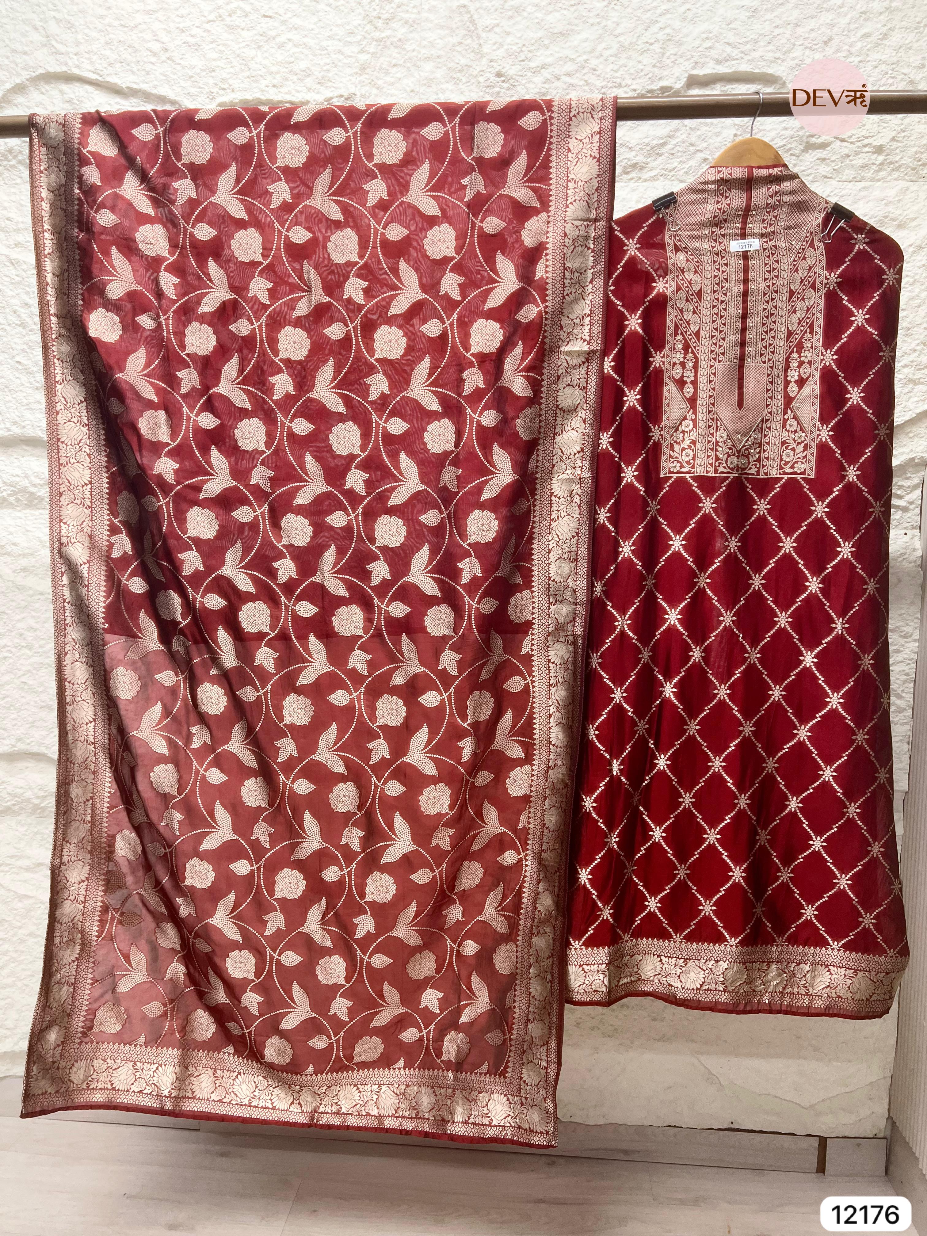 Red Pure Banarasi Silk Unstitched Hand Embroidered-Set of 3- {12176}