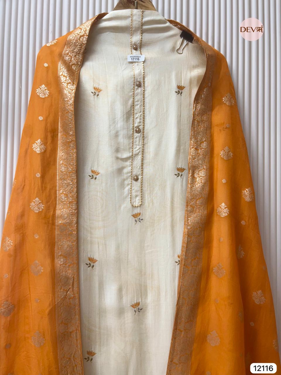 Mustard Russian Silk Embroidered Unstitched 3-Piece Suit (Devri – D.No 12116)