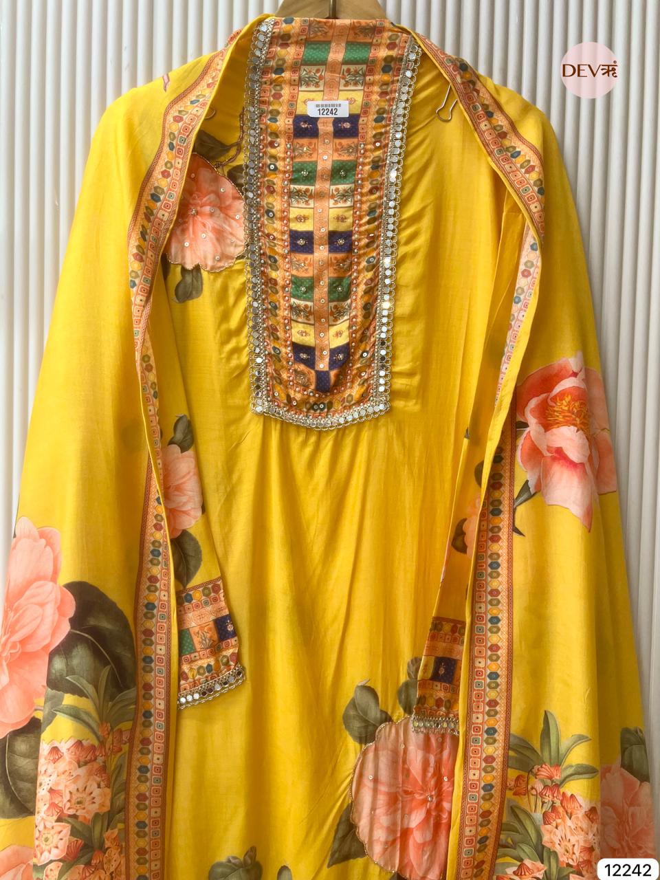 Yellow Pure Muslin Printed Unstitched 3-Piece Suit (Devri – D.No 12242)