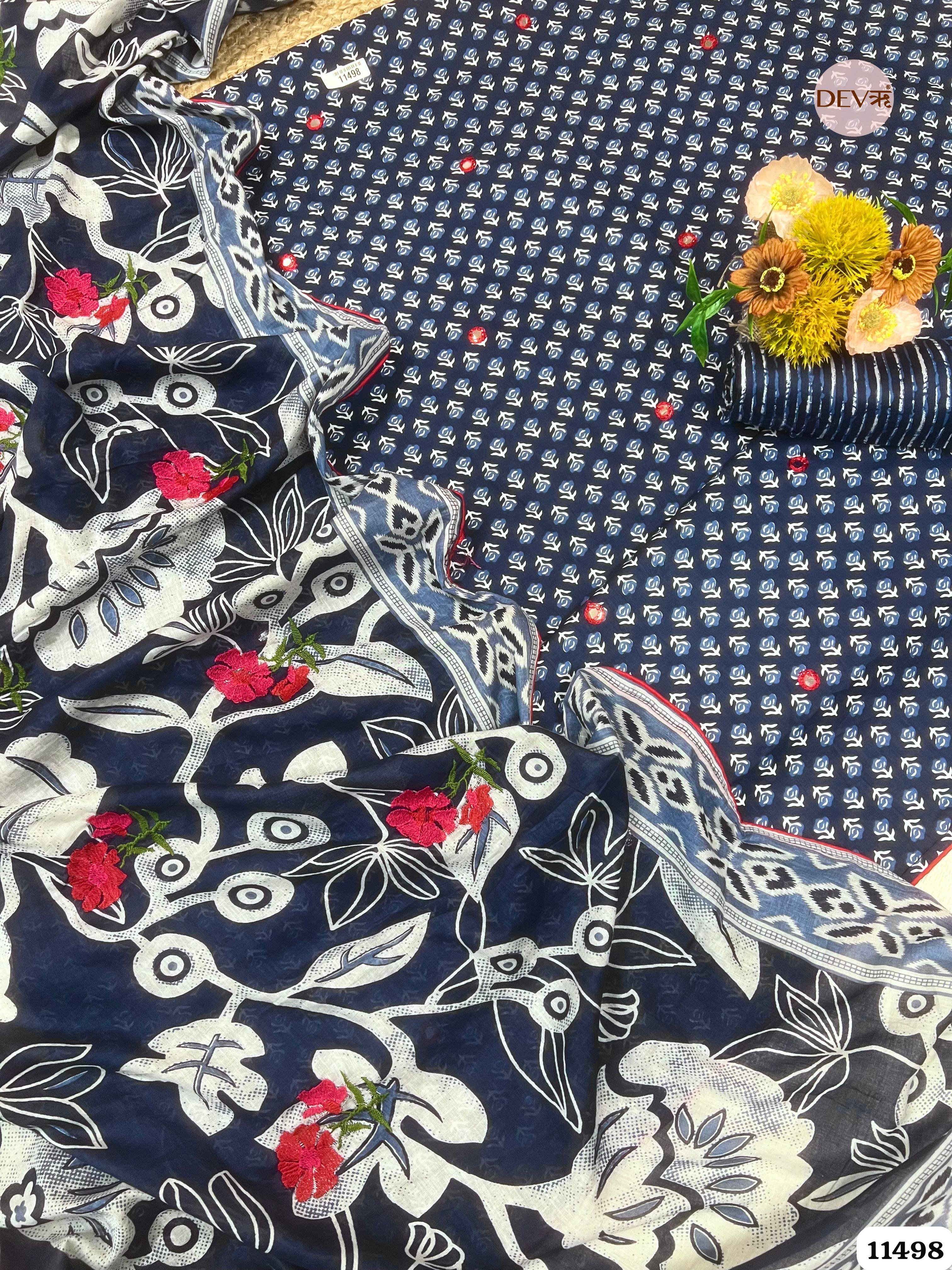 Blue Mul Cotton Unstitched Printed Hand Embroidered -Set Of 3 {11498}