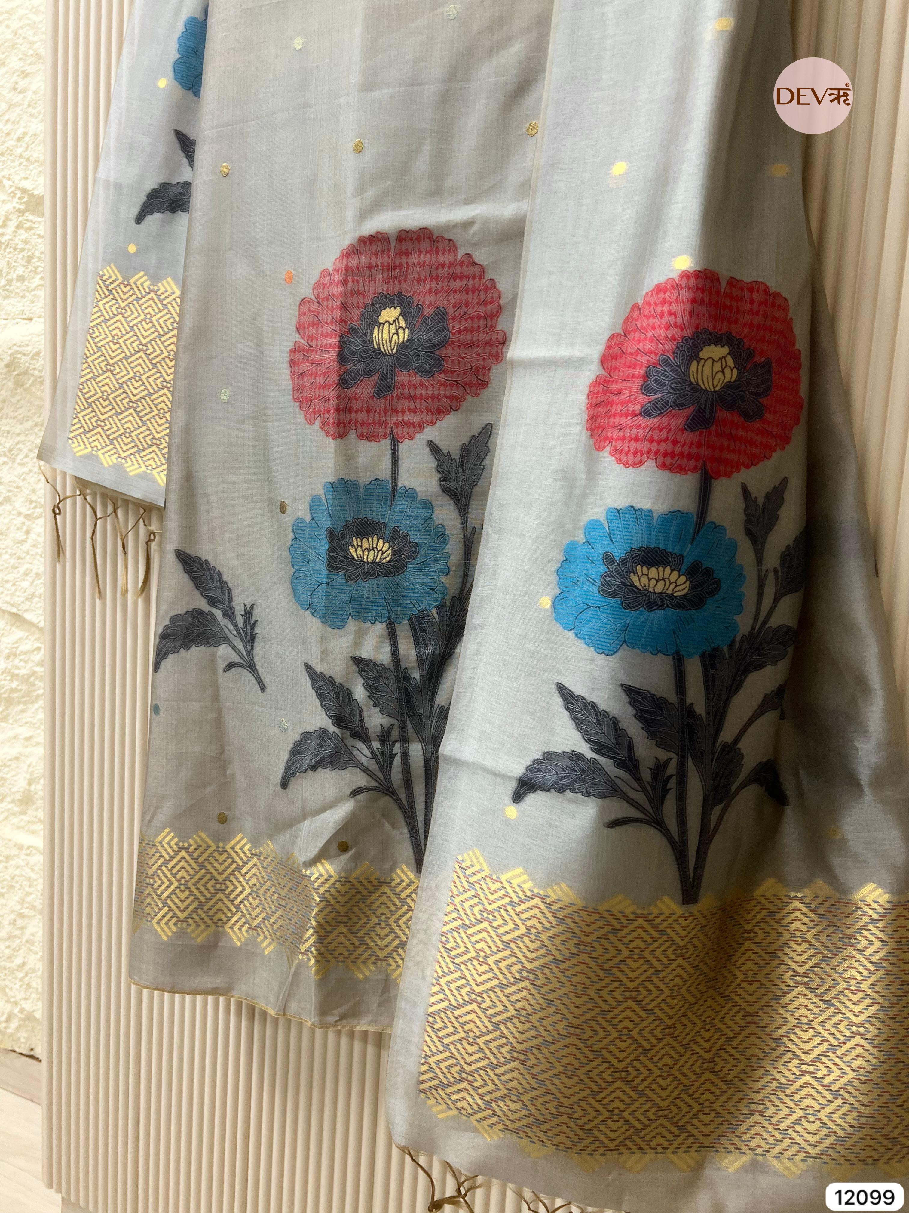 Grey Banarasi Khadi Silk Unstitched -Set Of 3 - {12099}