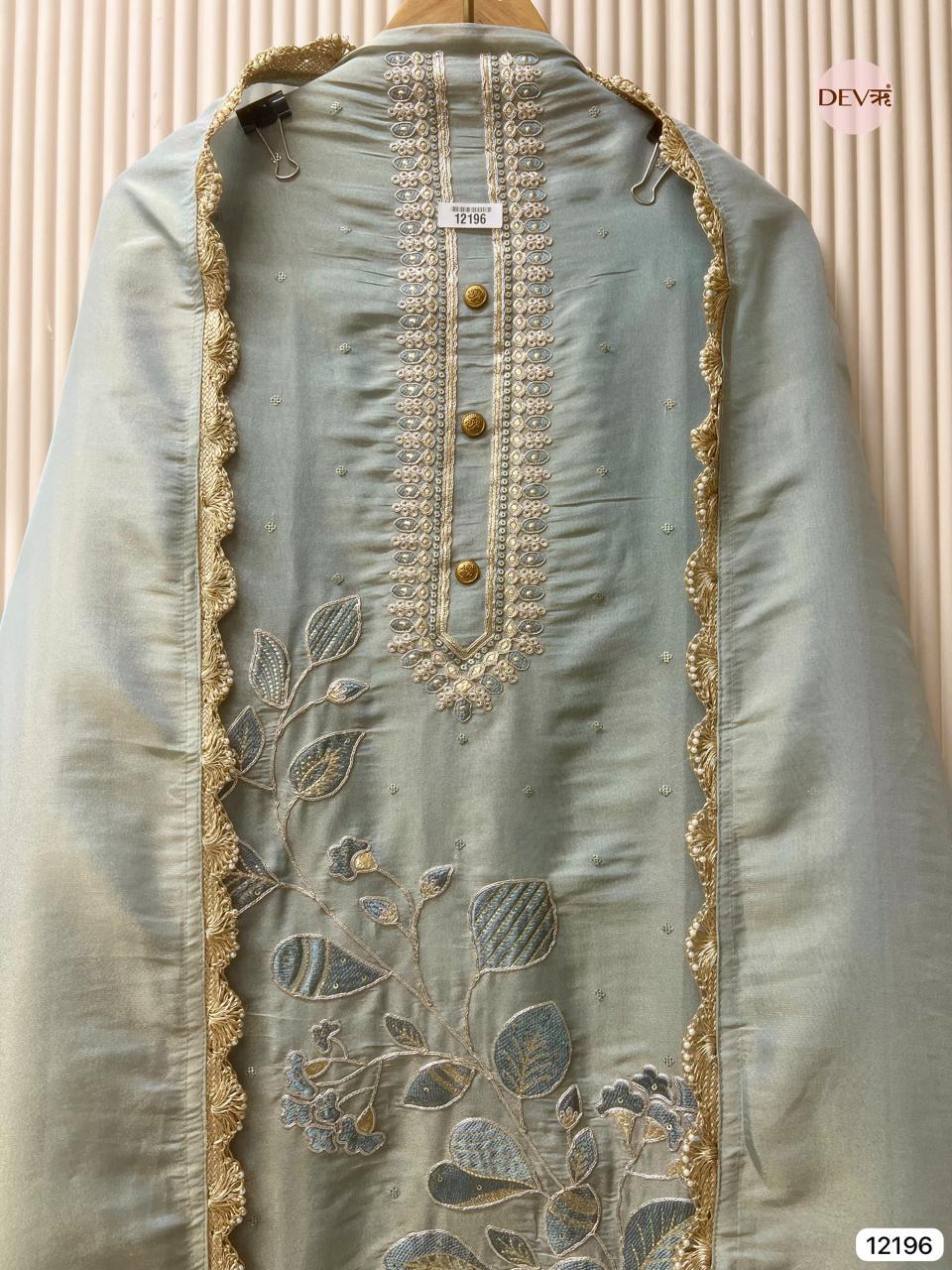 Ice Blue Shimmer Silk Embroidered Unstitched 3-Piece Suit (Devri – D.No 12196)