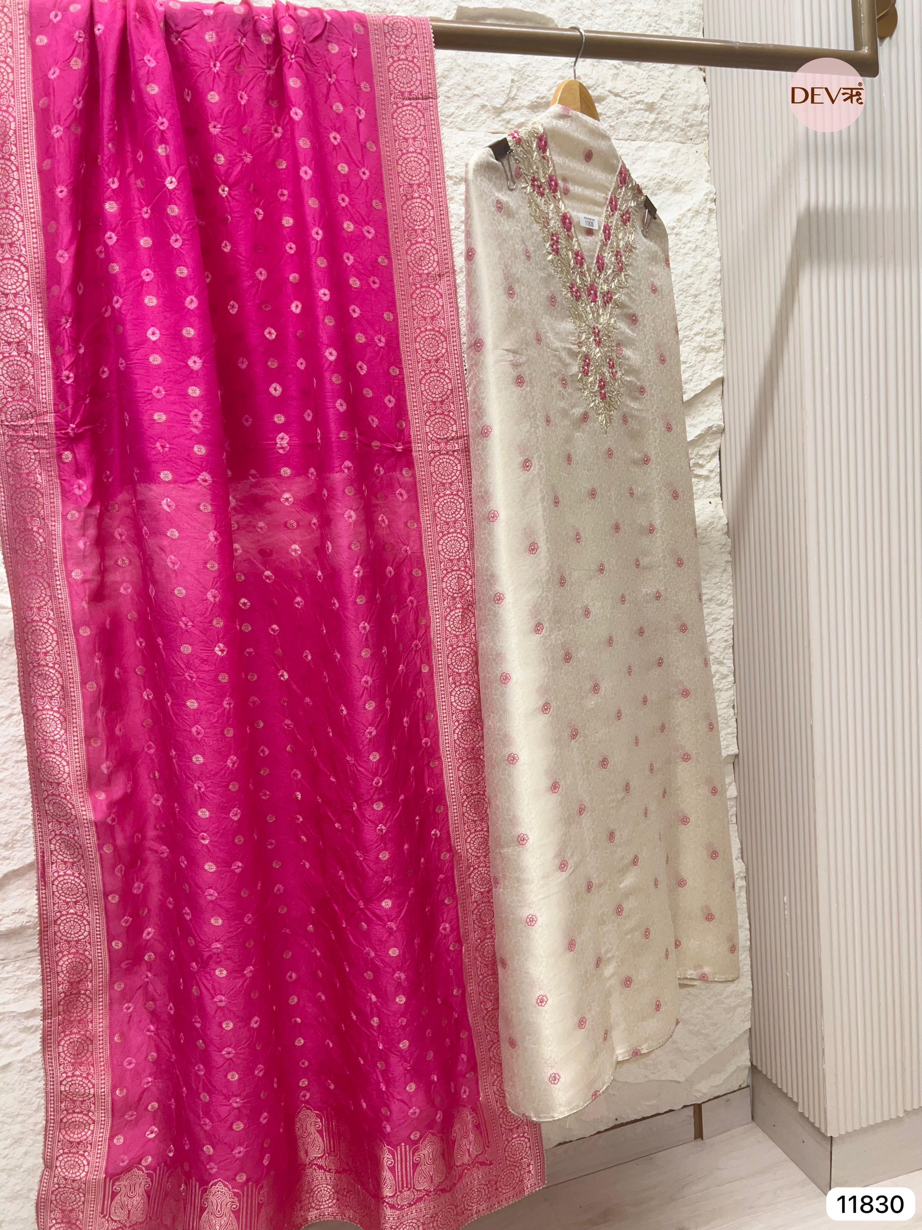 Off white Pure Tissue Shimmer Silk Unstitched Hand Embroidered -Set Of 3 - {11830}