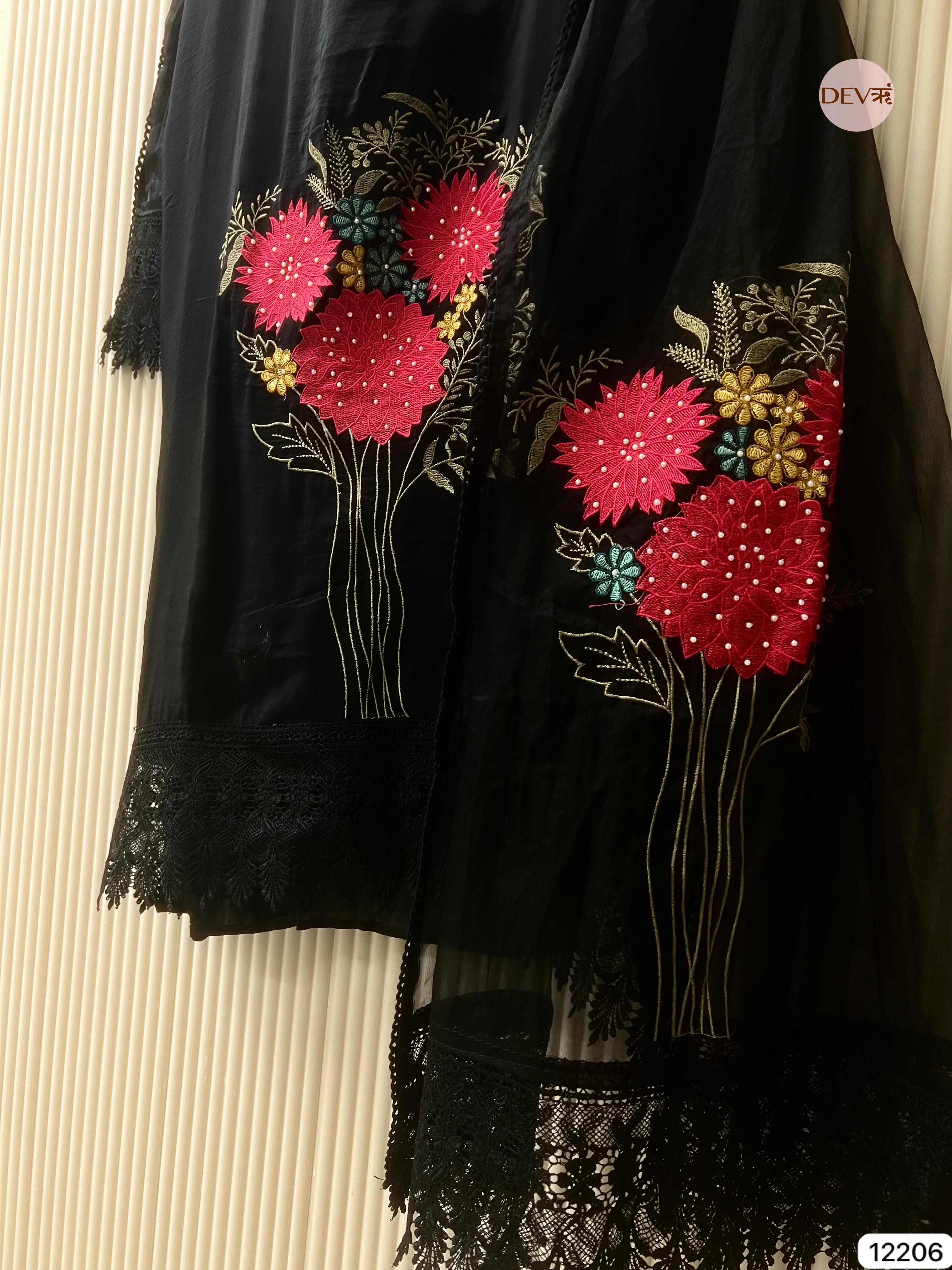 Black Glass Organza Embroidered Unstitched 3-Piece Suit (Devri – D.No 12206)