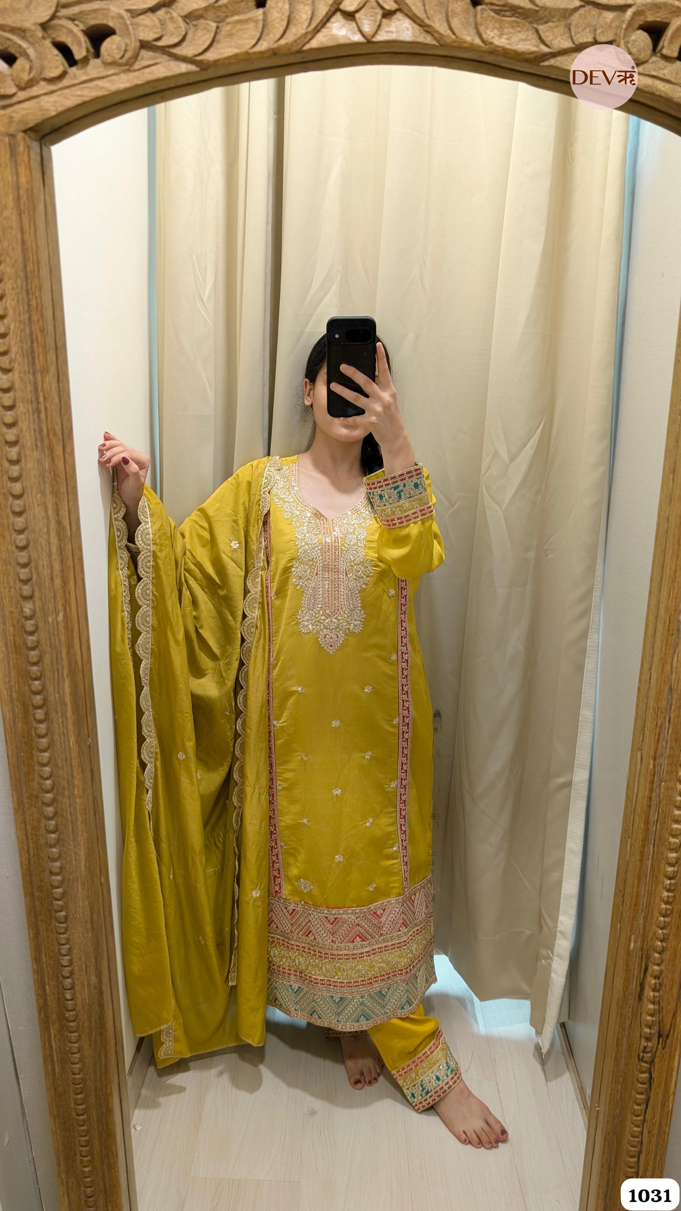Yellow Silk Stiched Embroidered -Set Of 3