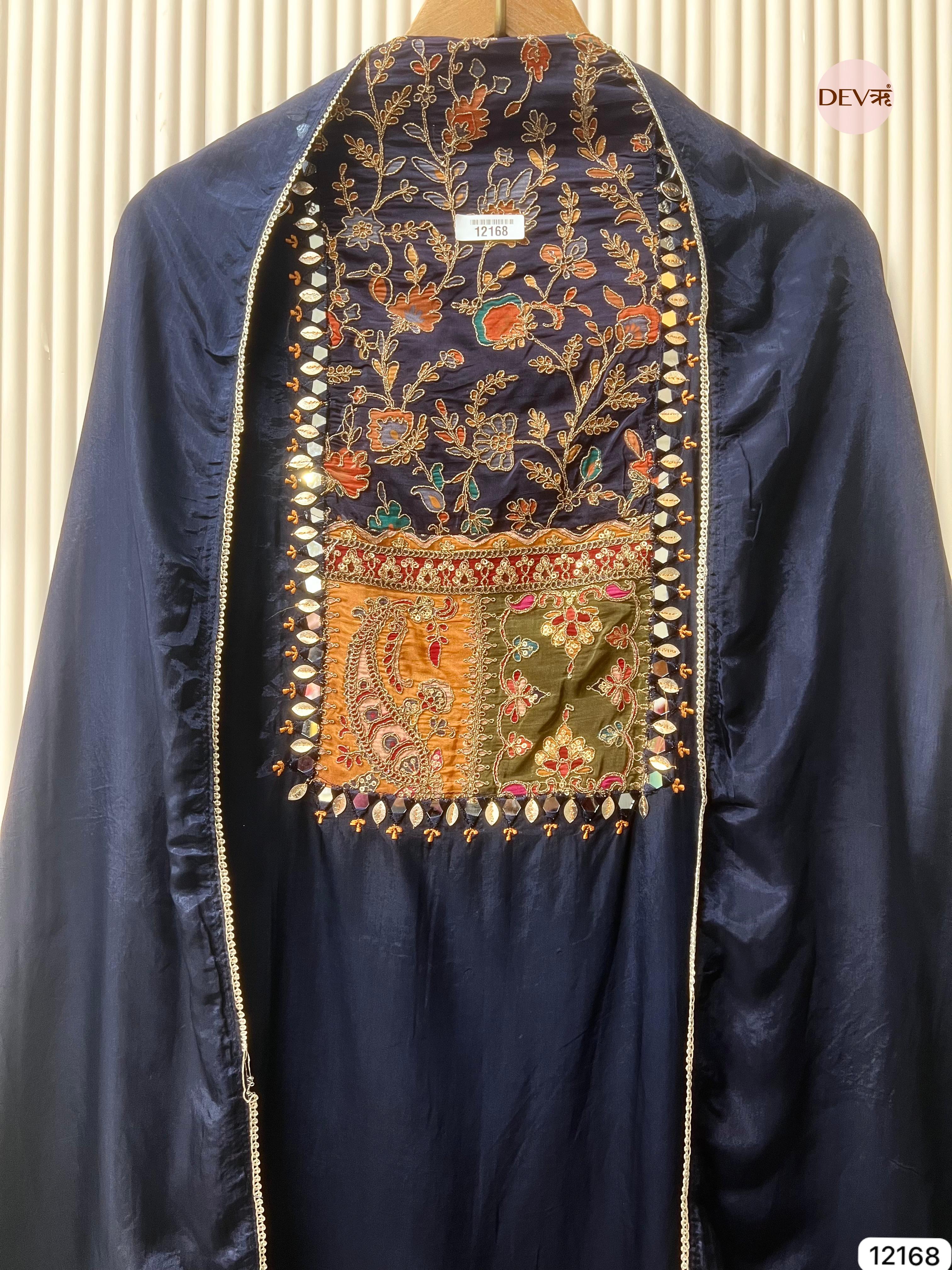 Dark Blue Silk Unstitched Shirt with Hand Embroidered -Set Of 3 - {12168}