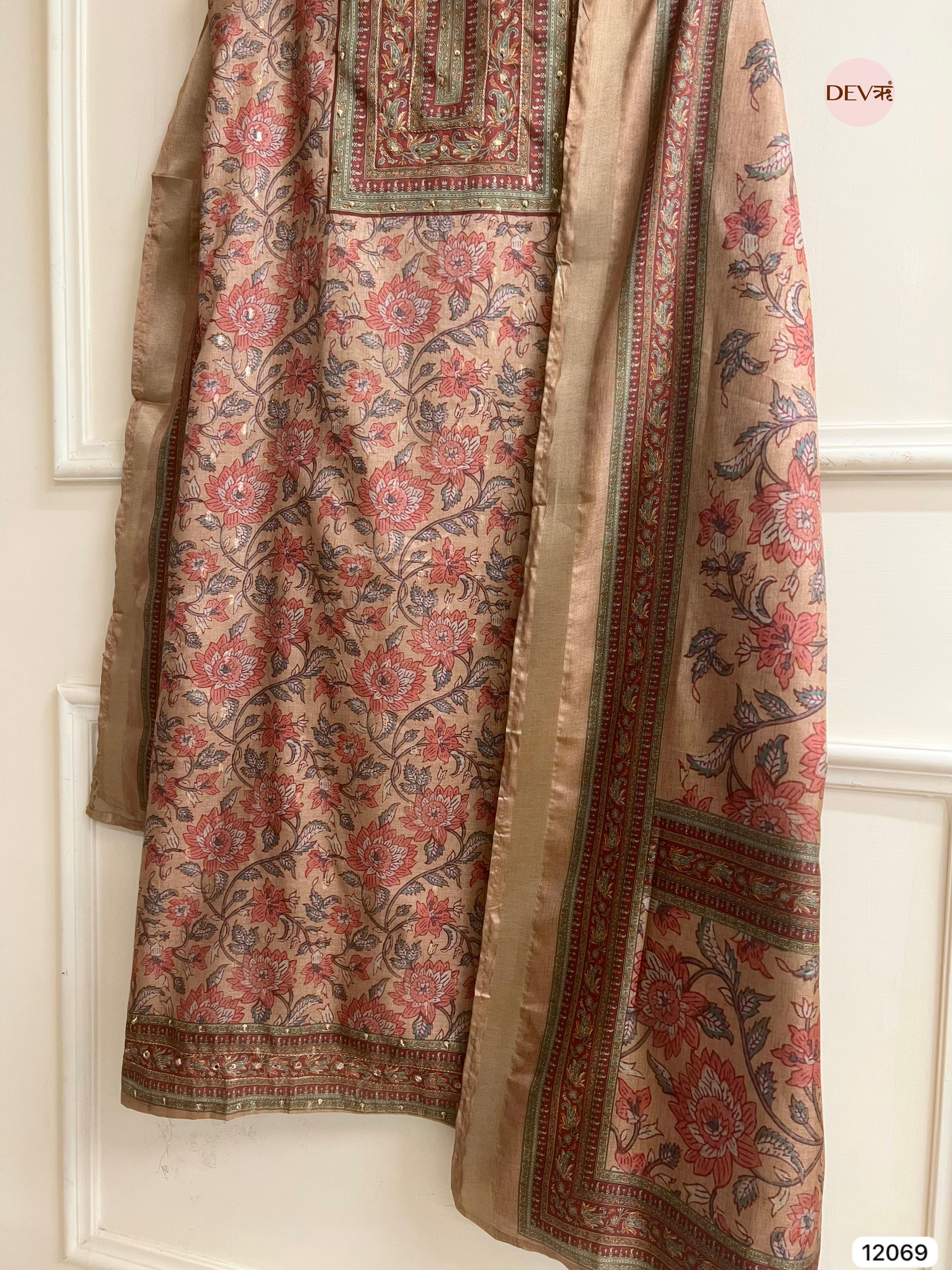 Multi Colour Tusser Khadi Silk Printed Unstitched Hand Embroidered -Set Of 3 - {12069}