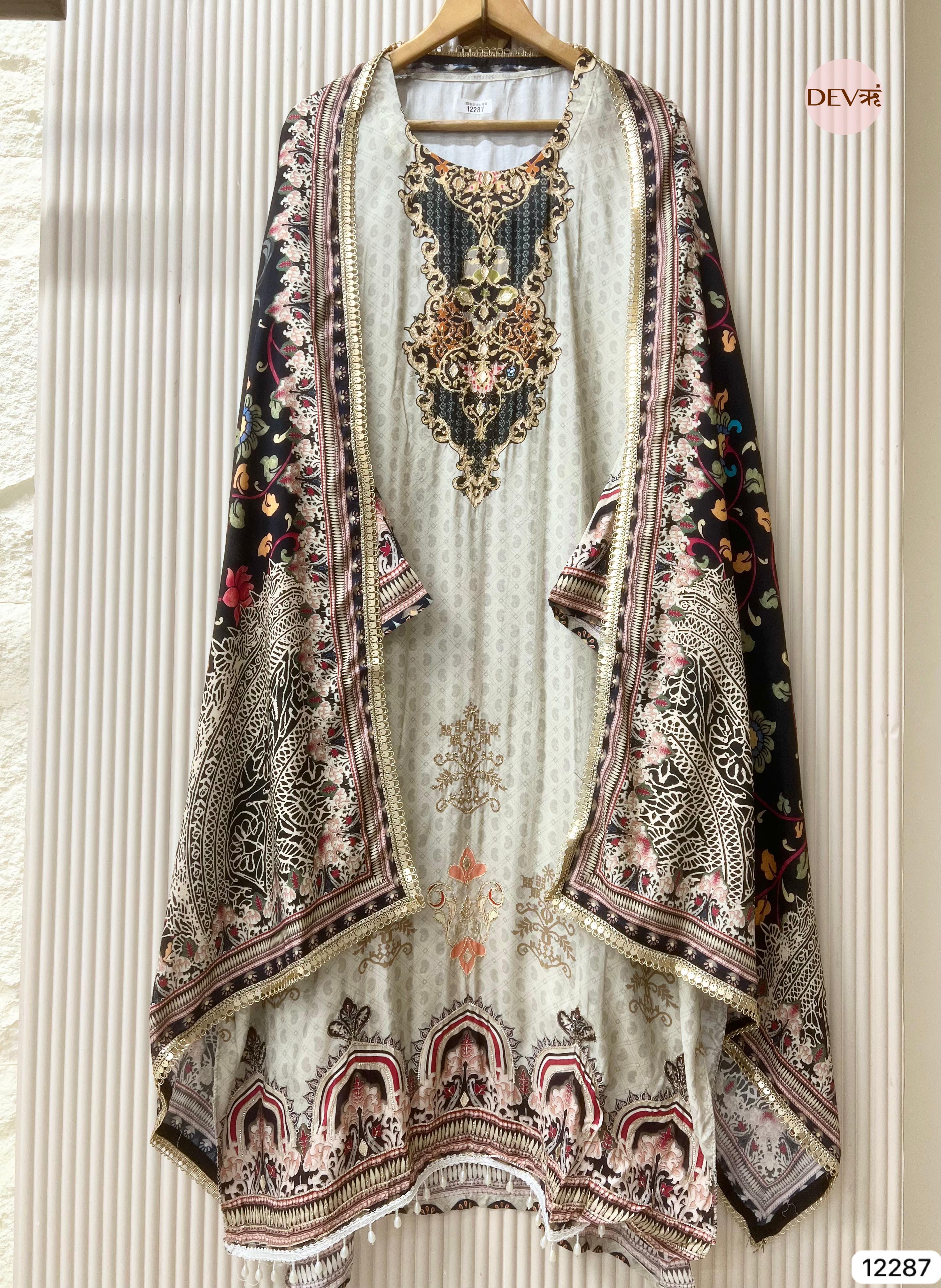Ivory Muslin Printed Unstitched 3-Piece Suit (Devri – D.No 12287)