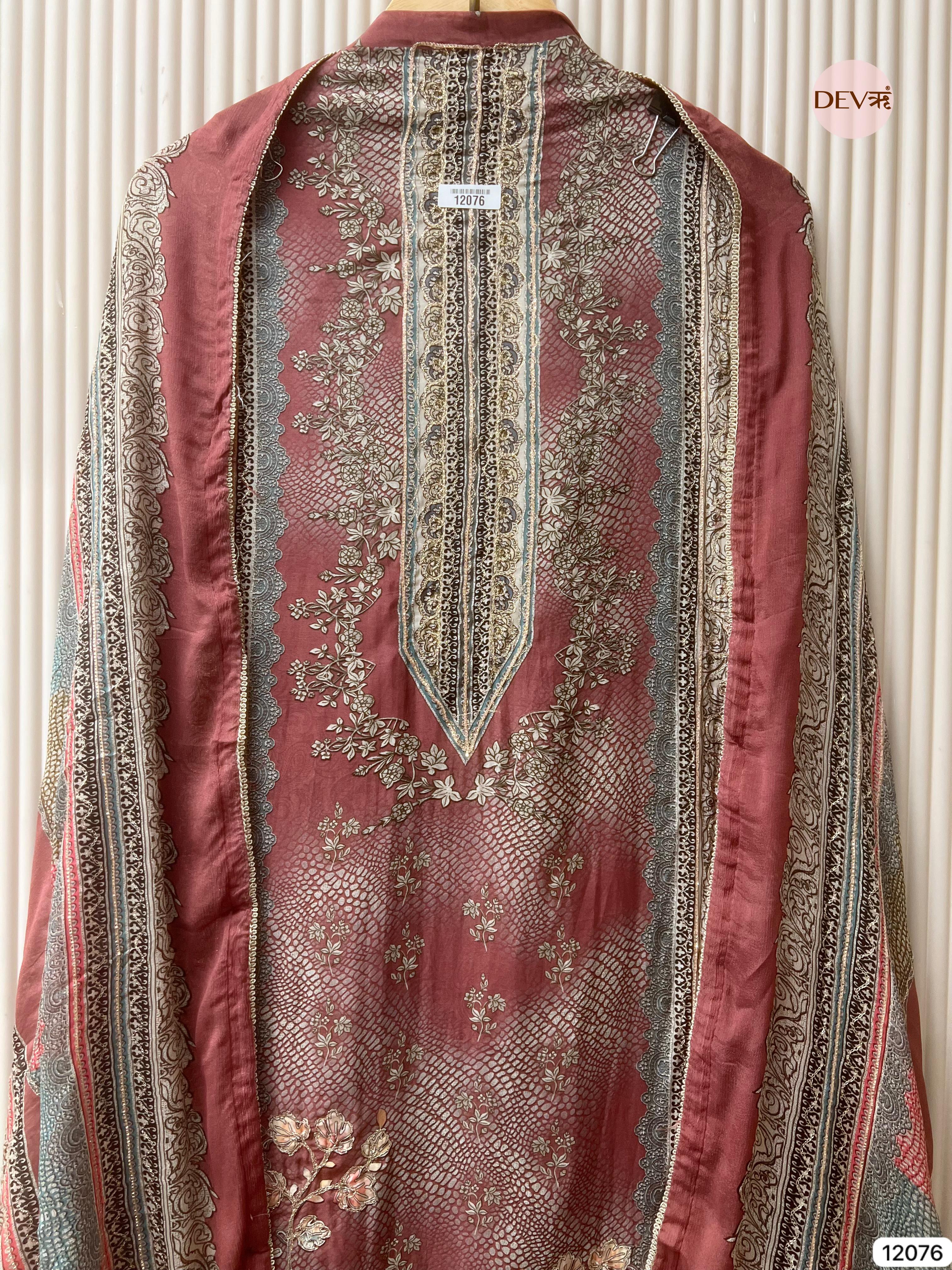 Maroon Pure Muslin Unstitched Printed With Hand Zardosi Embroidery -Set Of 3- {12076}