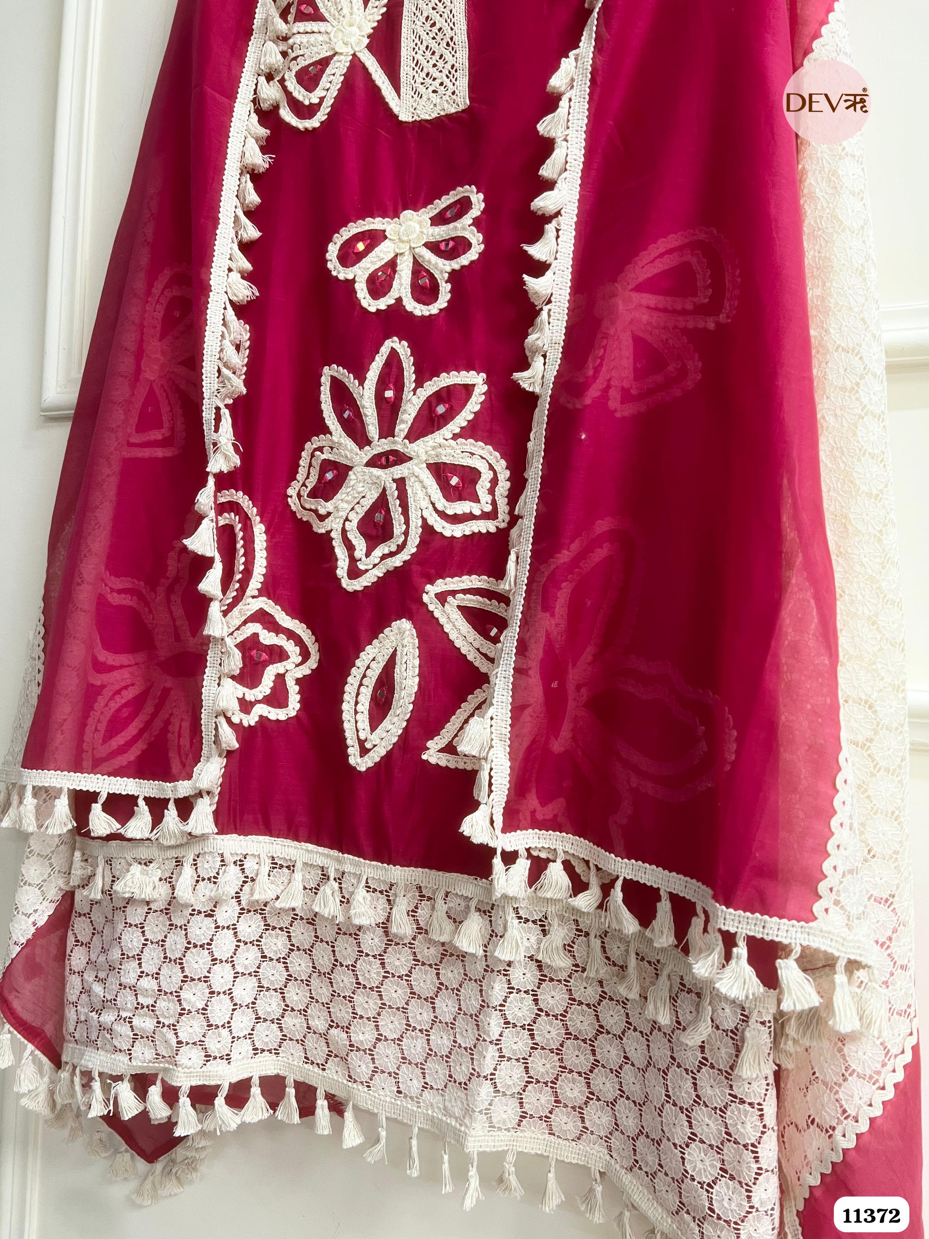Pink Mul Chanderi Unstitched Hand Embroidered -Set Of 3 {11372}