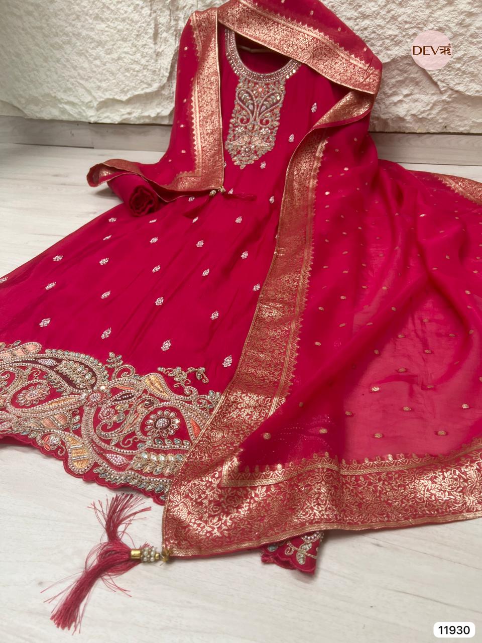 Red Pure Russian Silk Unstitched Hand Embroidered -Set Of 3 - {11930}