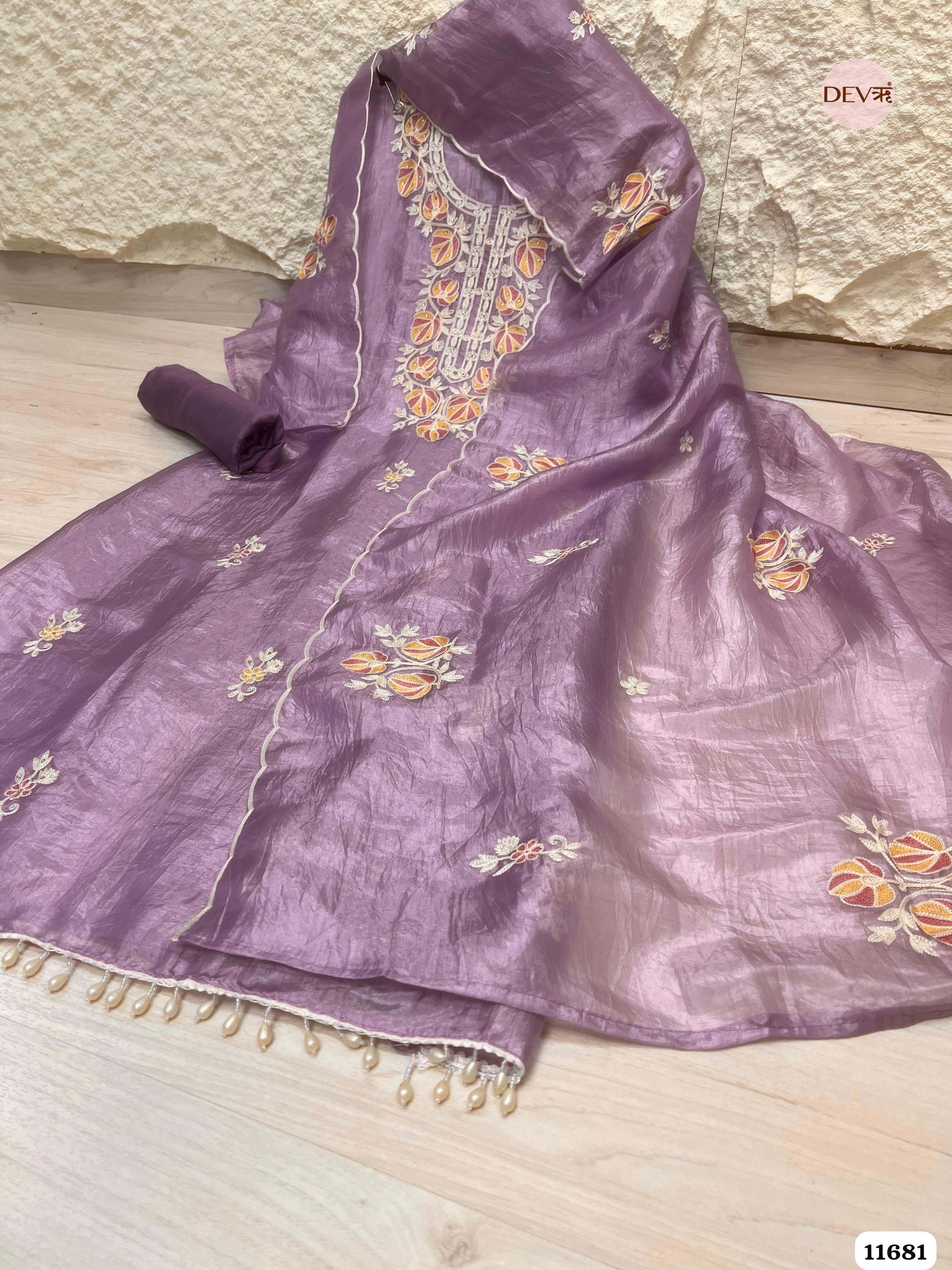 Purple Tissue Crush Silk Unstitched Embroidered -Set Of 3 {11681}