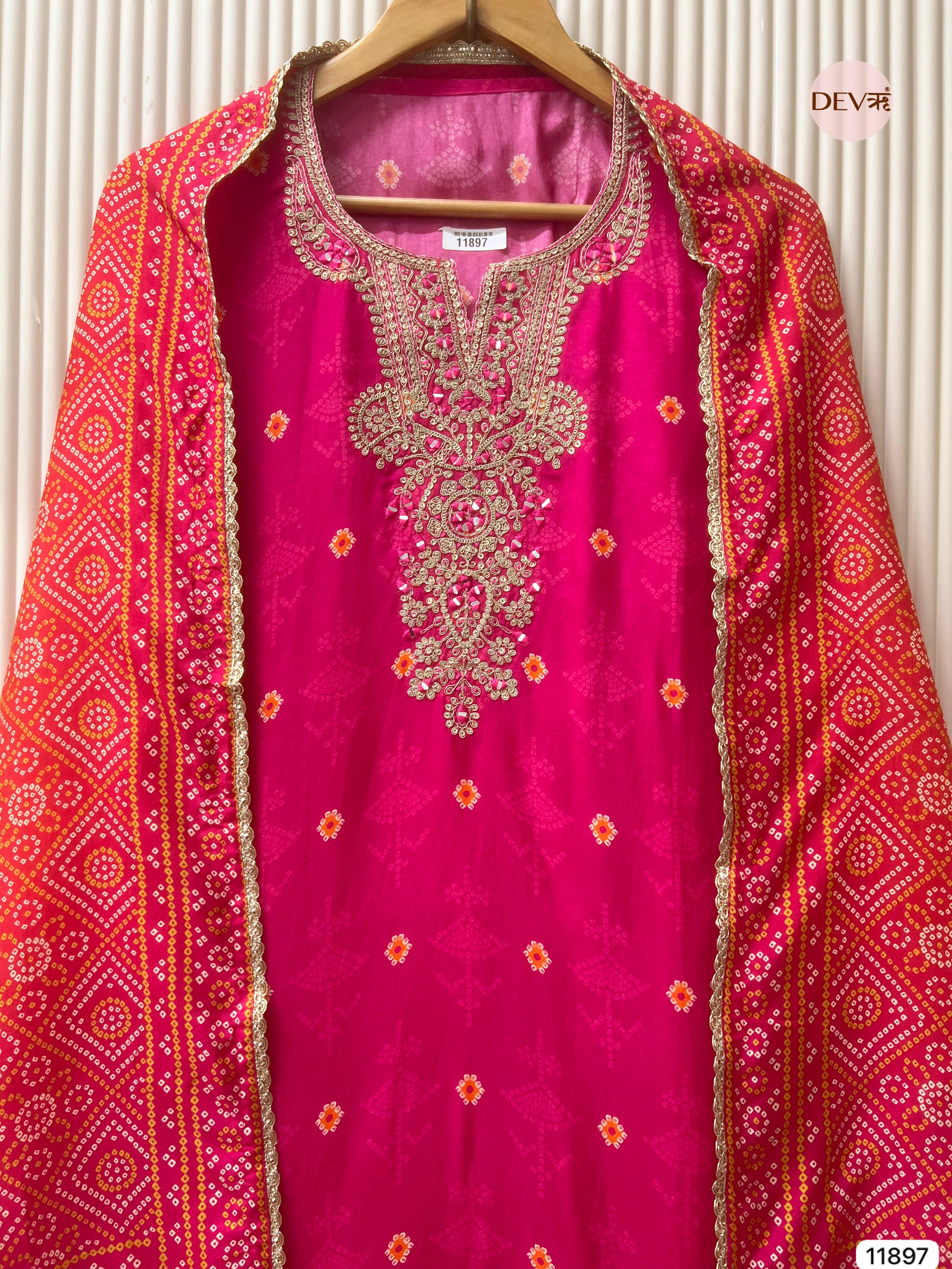 Pink Russian Silk Semi Stitched Printed Hand Embroidered -Set Of 3 - {11897}