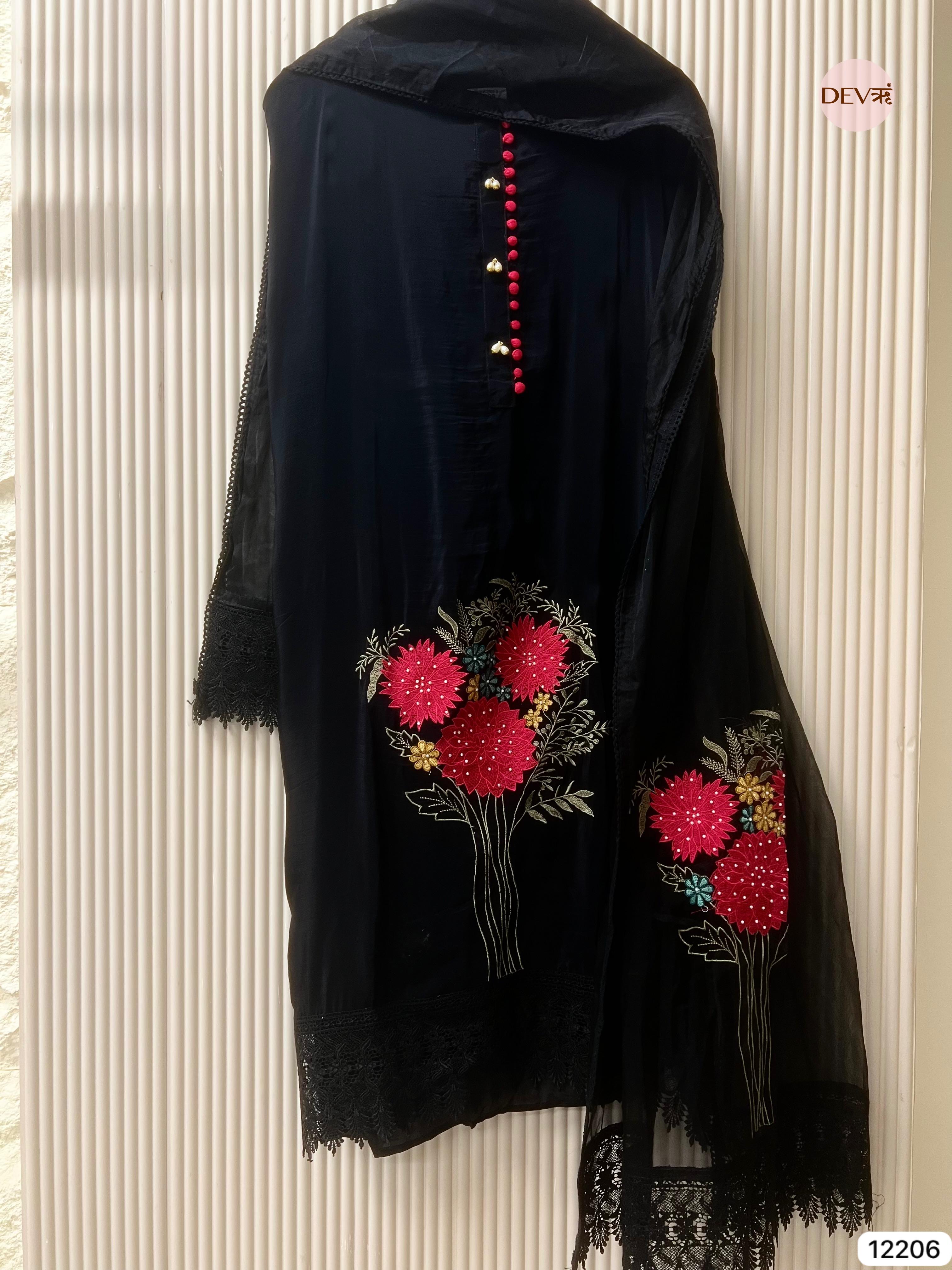 Black Glass Organza Embroidered Unstitched 3-Piece Suit (Devri – D.No 12206)