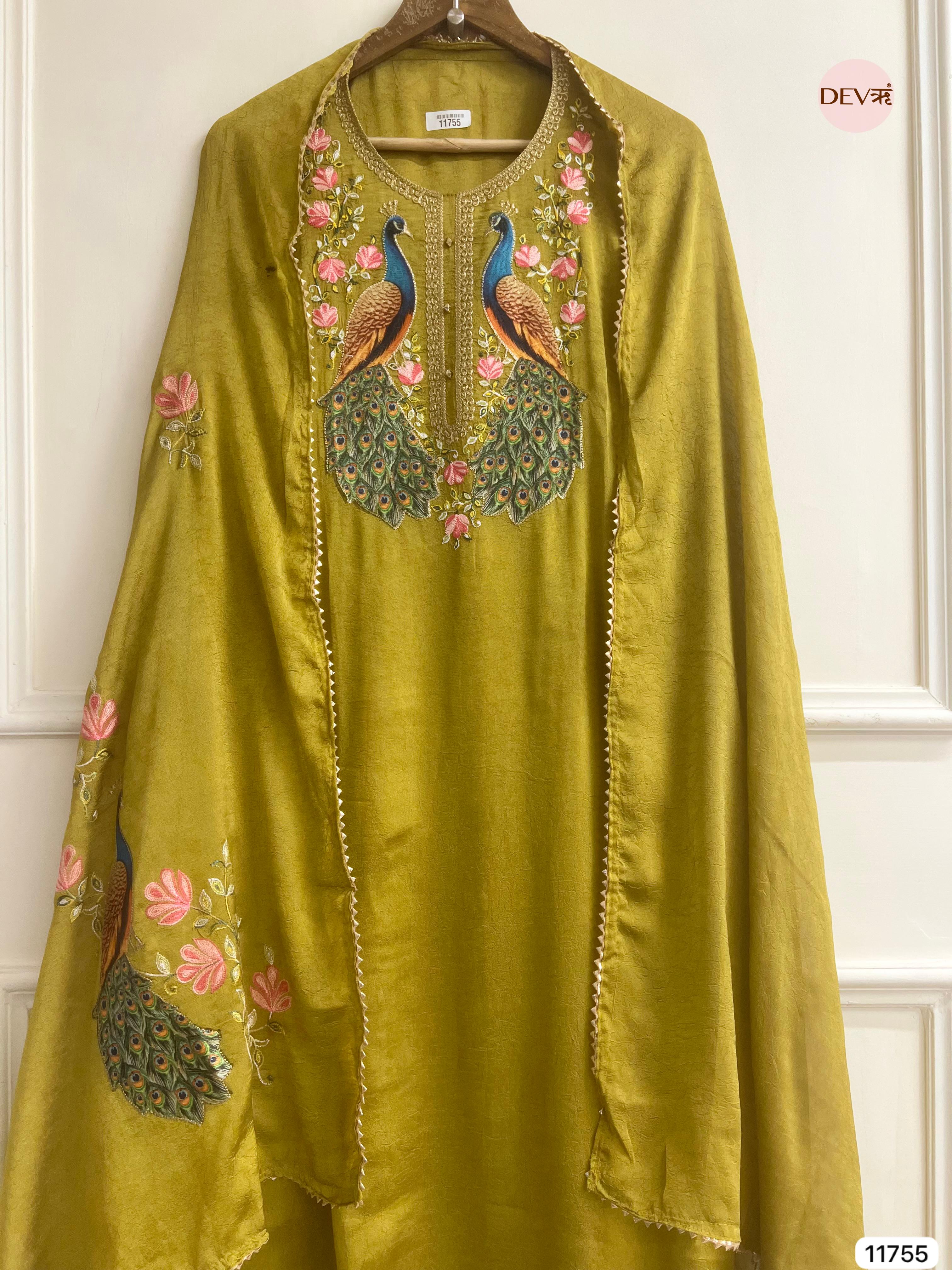 Olive Green Russian Silk Unstitched Hand Applique Work Embroidered -Set Of 3- {11755}