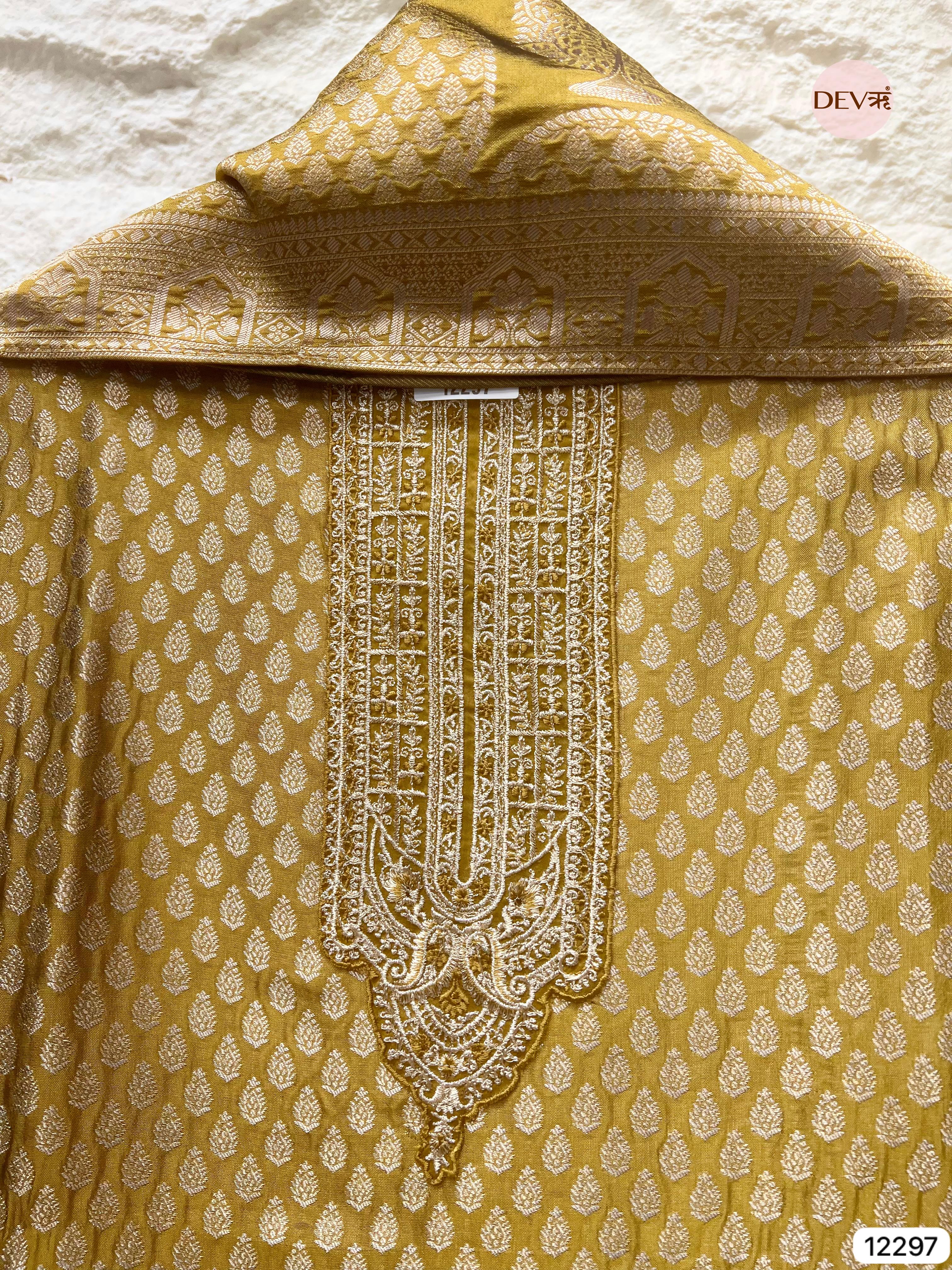 Olive Gold Pure Banarasi Silk Woven Unstitched 3-Piece Suit (Devri – D.No 12297)