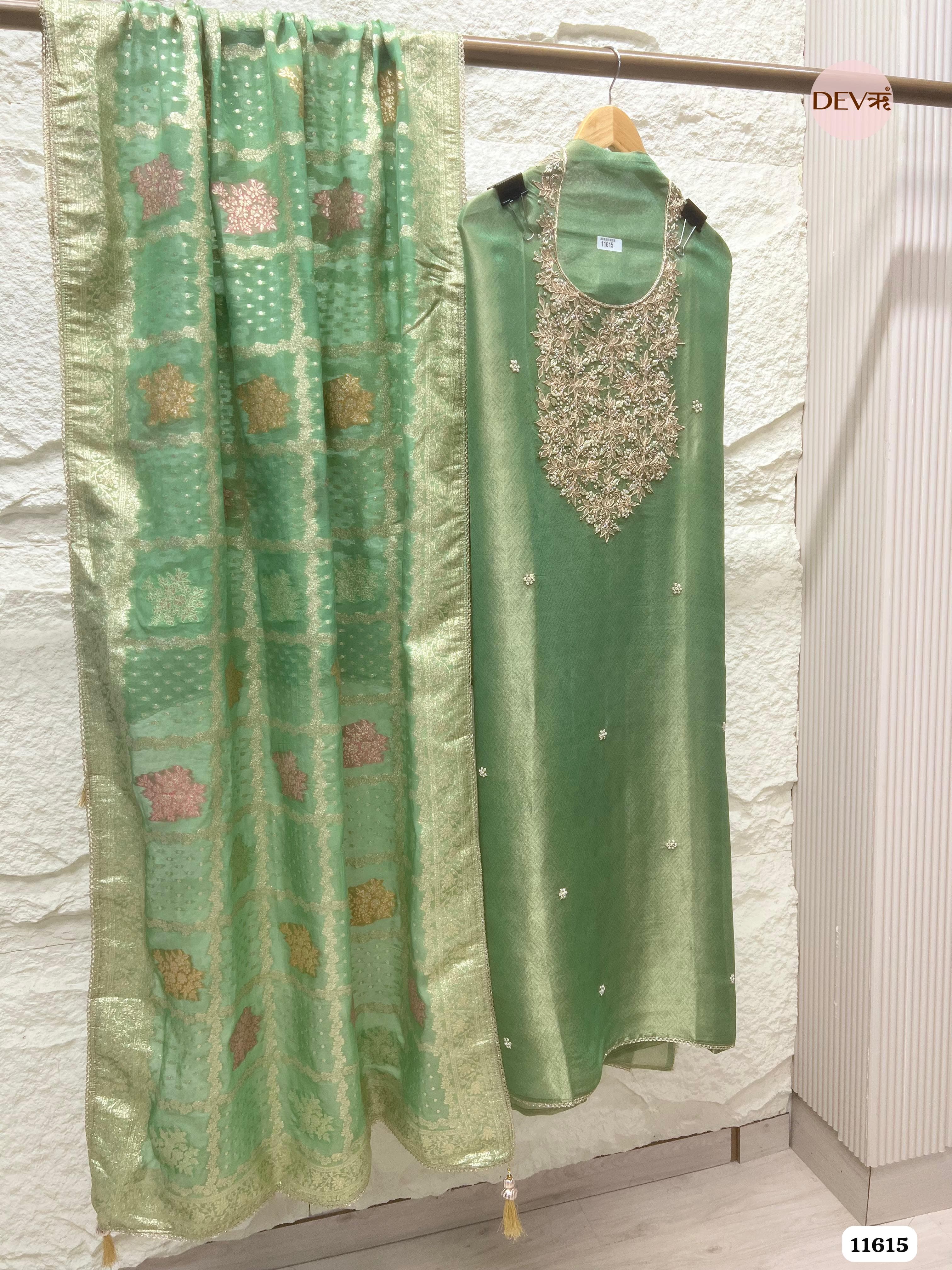 Green Pure Tissue Silk Unstitched Hand Embroidered -Set Of 3 {11615}