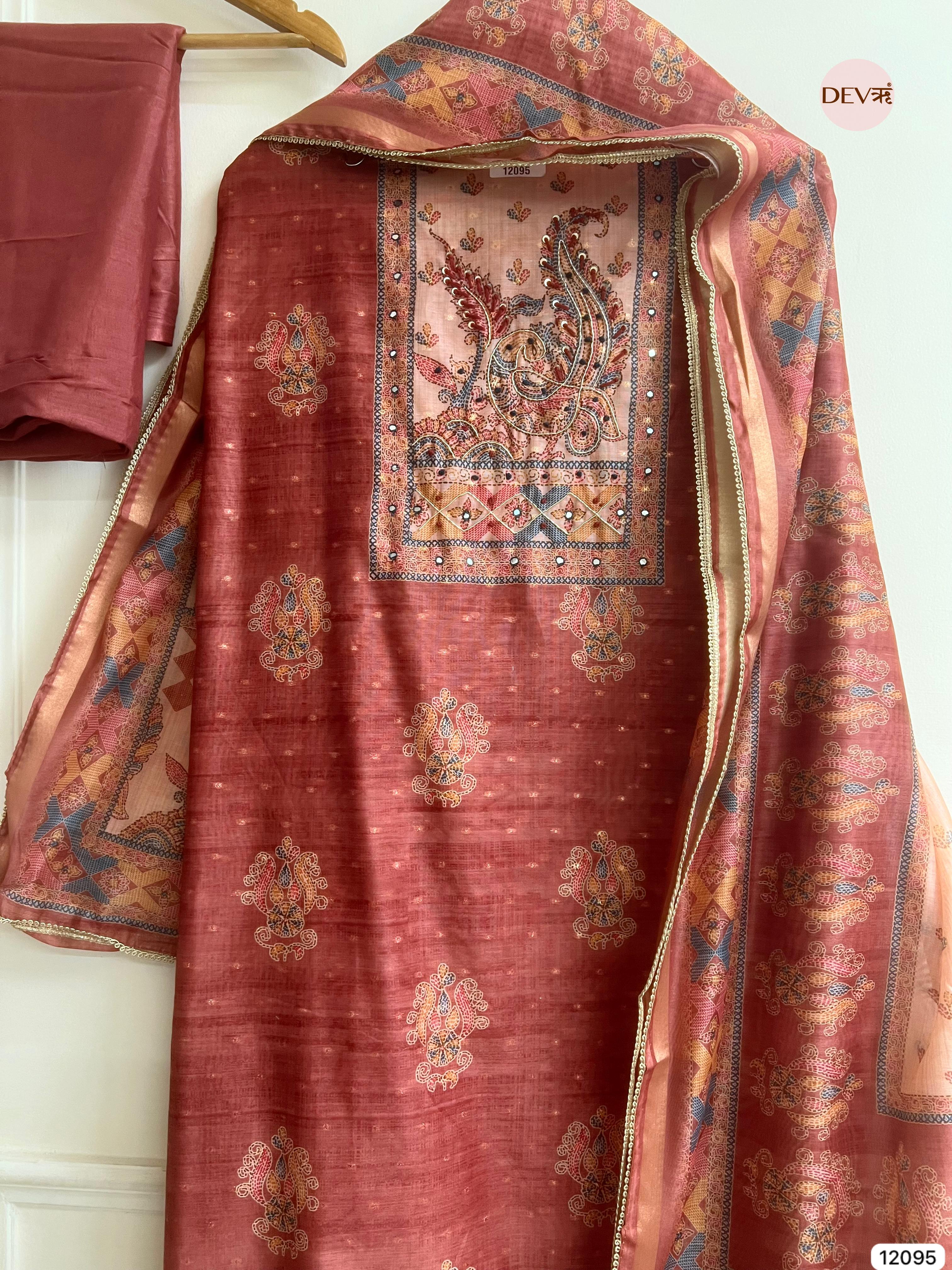 Red Tusser Khadi Silk Printed Unstitched Hand Embroidered -Set Of 3 - {12095}