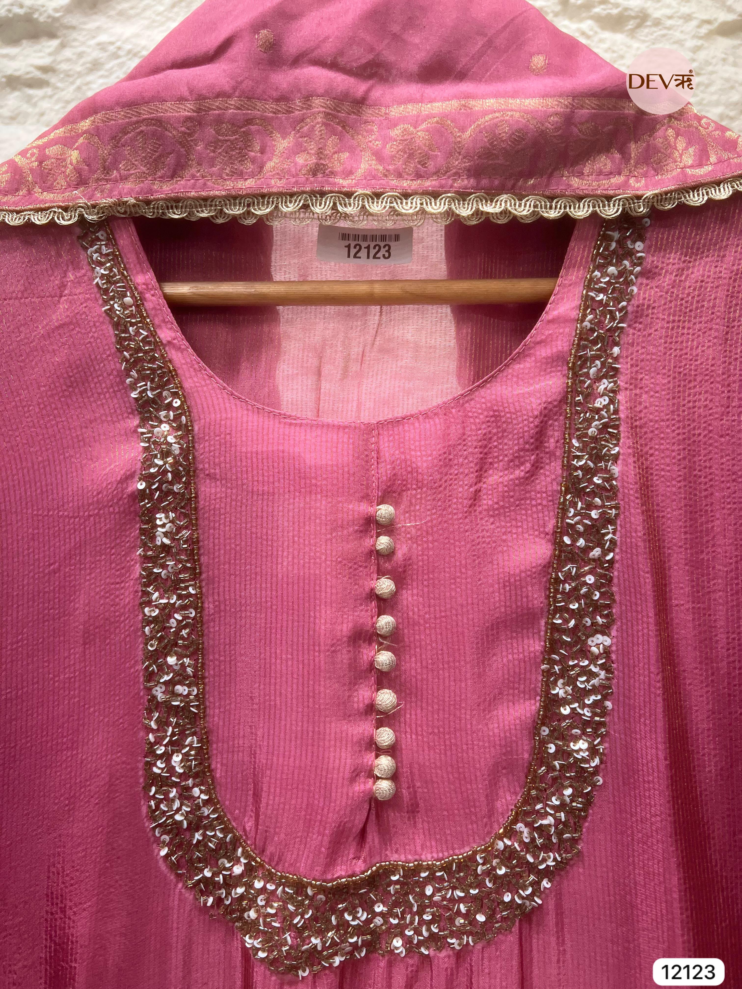 Pink Shimmer Silk Unstitched Hand Embroidered -Set Of 3 - {12123}