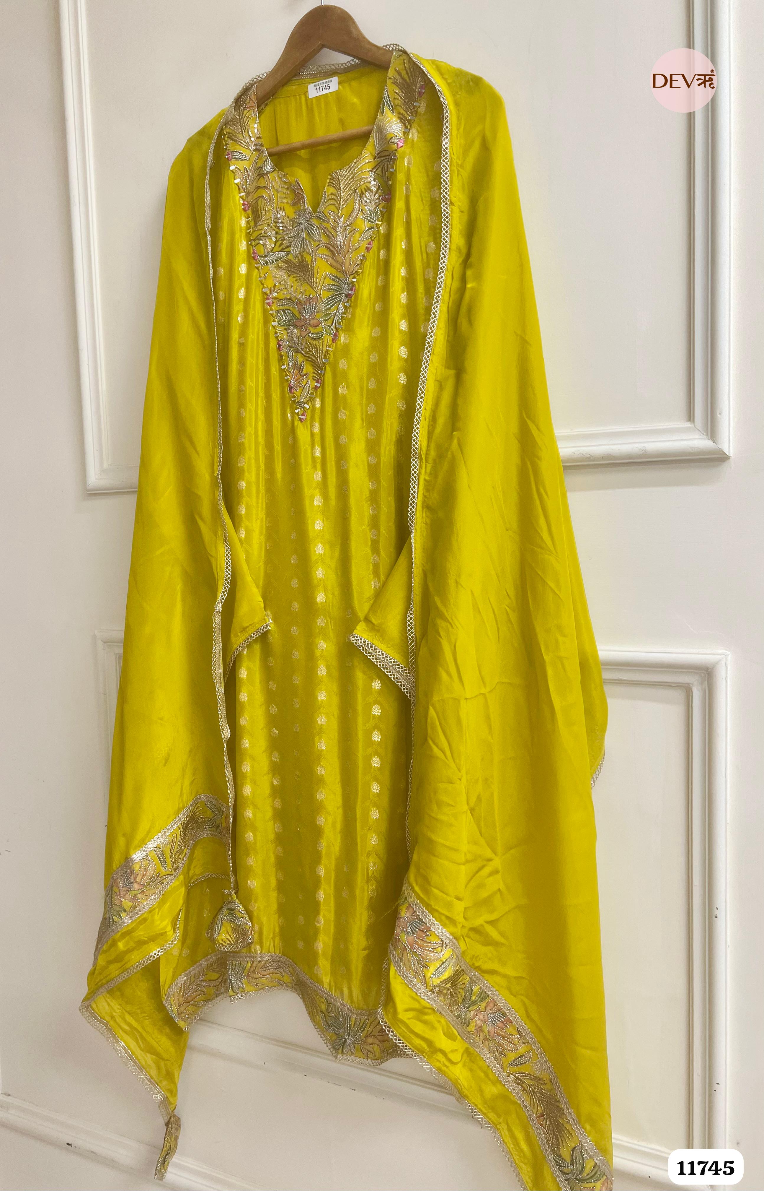 Yellow Tissue Shimmer Silk UnstitchedHand Embroidered -Set Of 3 {11745}