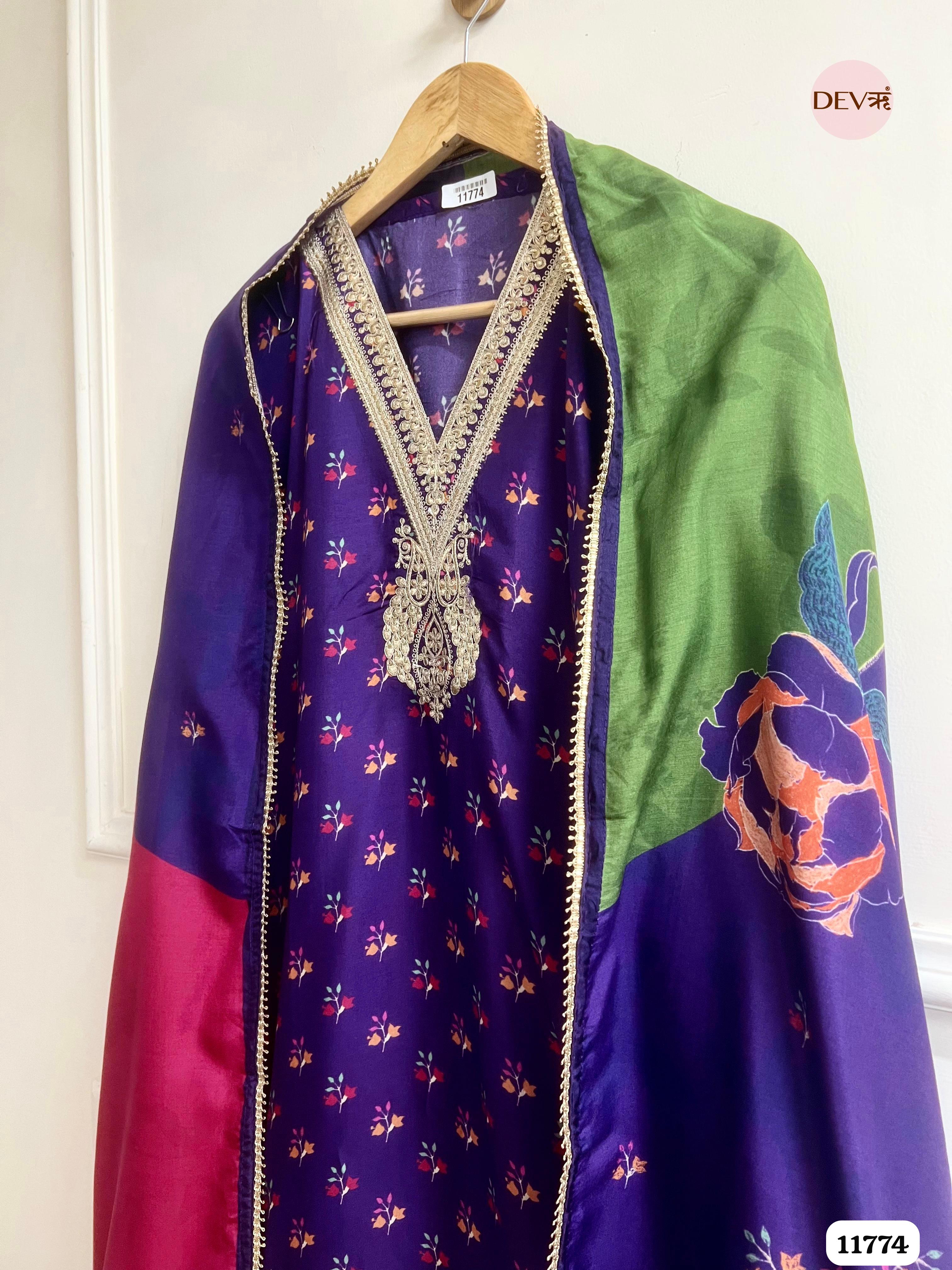 Purple Russian Silk Unstitched Hand Printed-Set Of 3