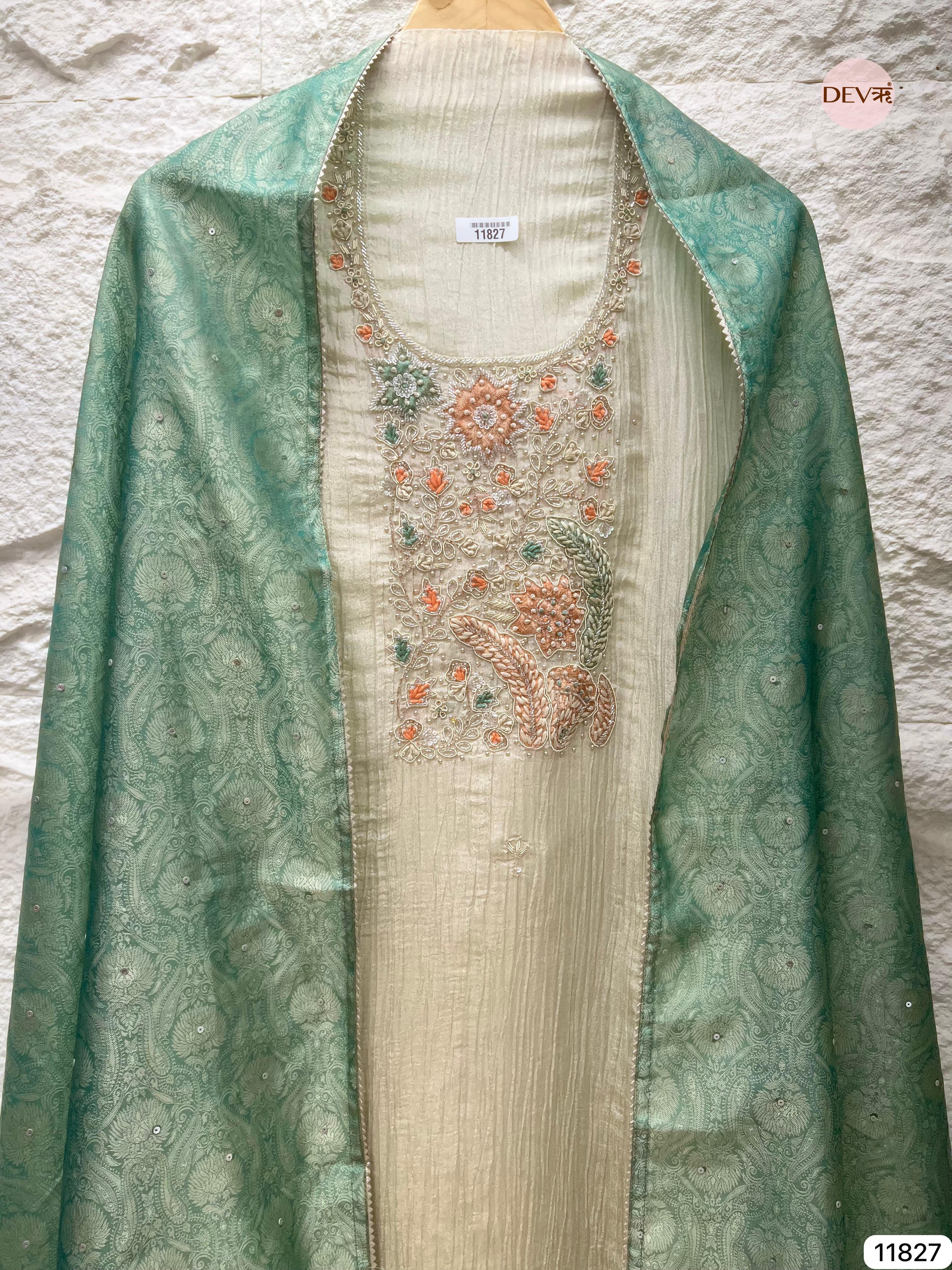 Off White Pure Tissue Crush Silk Unstitched Hand Embroidered -Set Of 3- {11827}