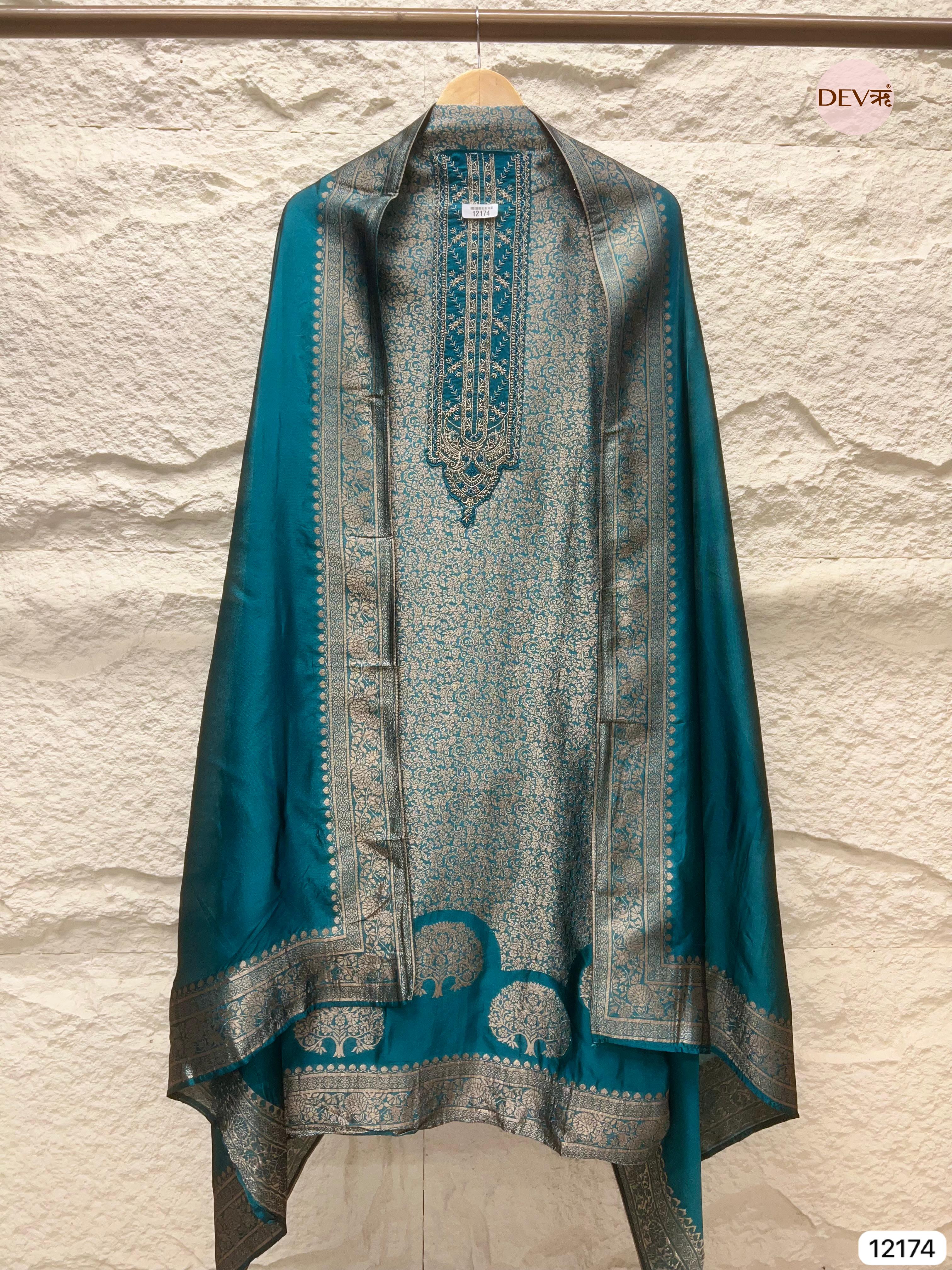 peacock Blue Pure Banarasi silk Unstitched Hand Embroidered -Set Of 3 - {12174}