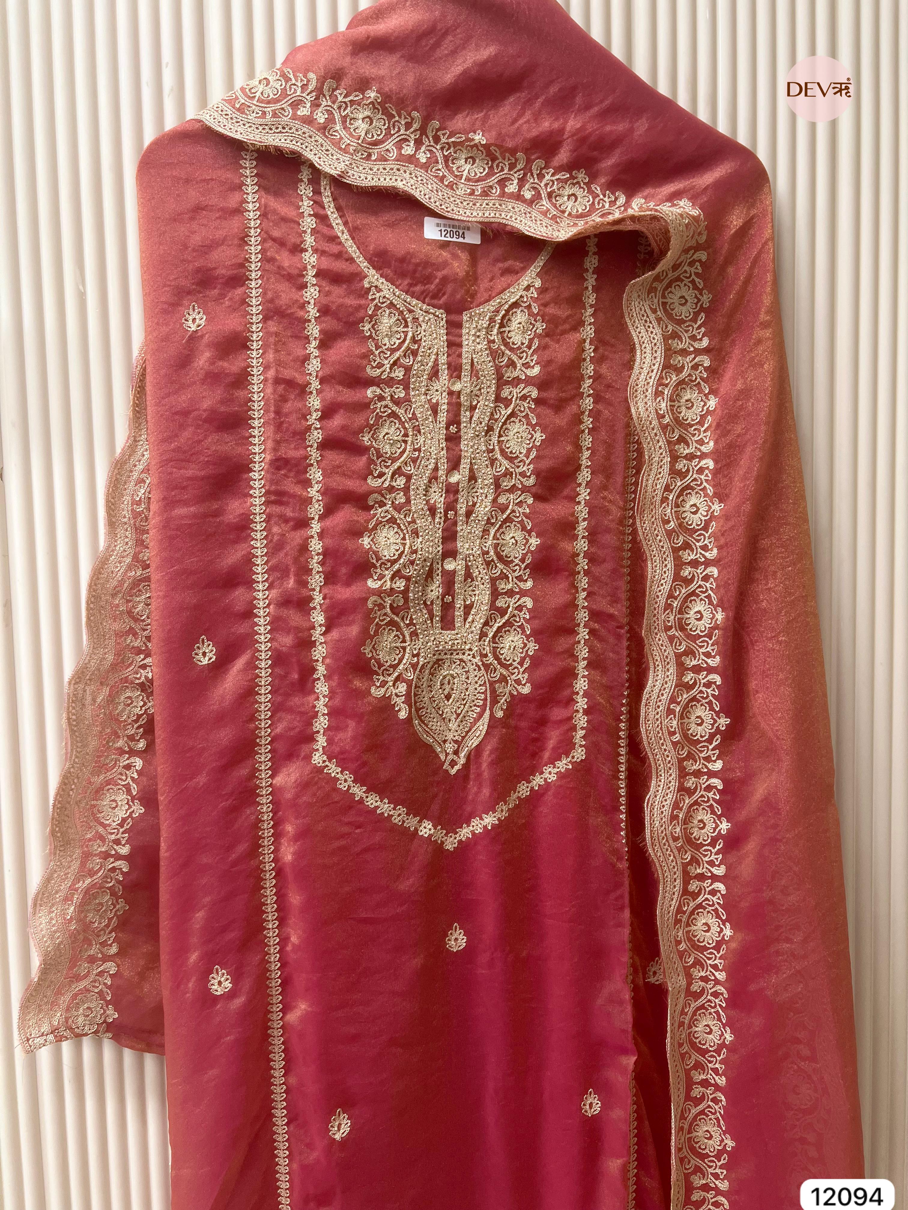 Red Tissue Crush Silk Unstitched Embroidered -Set Of 3 - {12094}