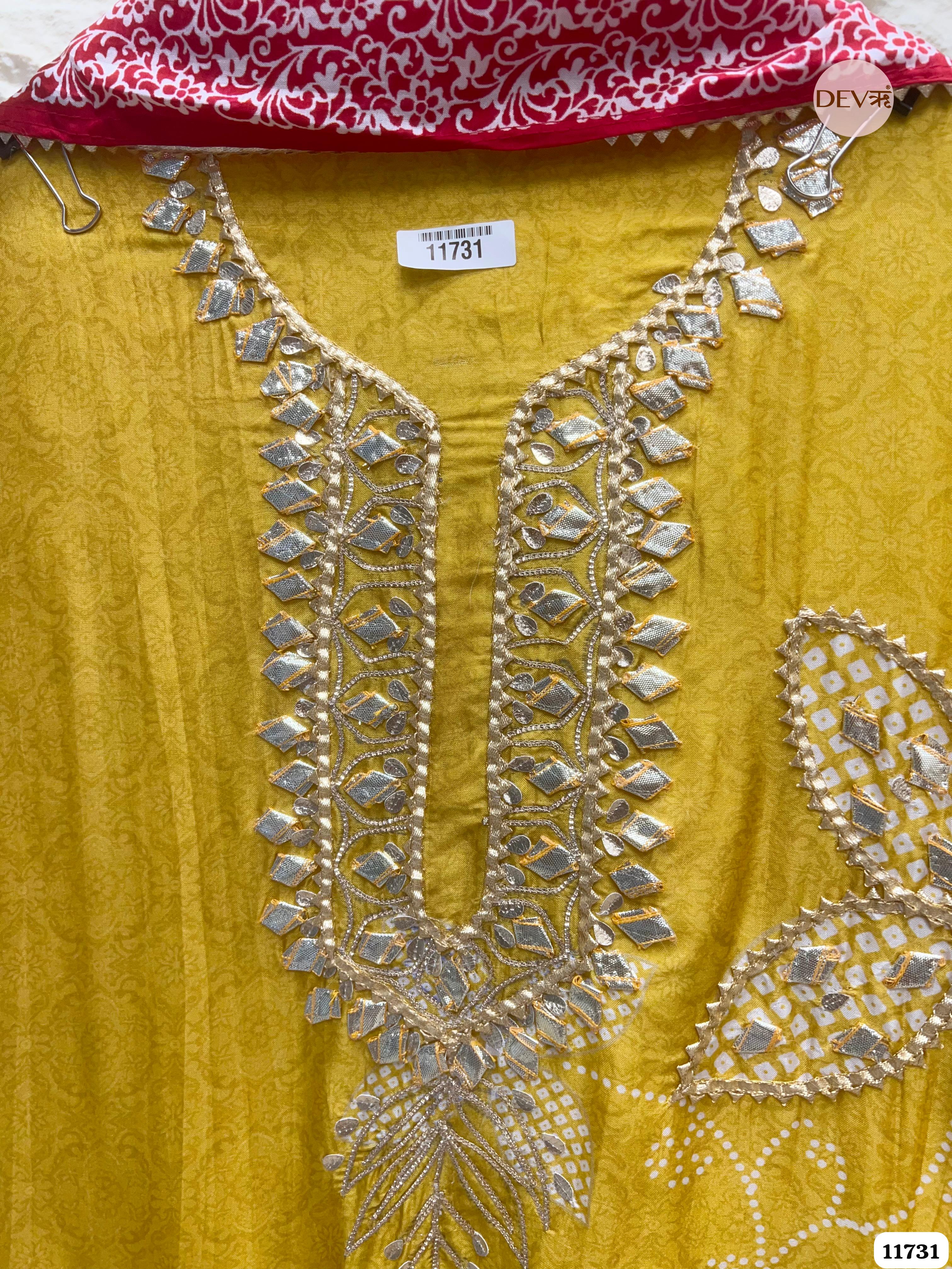 Yellow Russian Silk Semi Stitched Printed Hand Embroidered -Set Of 3- {11731}