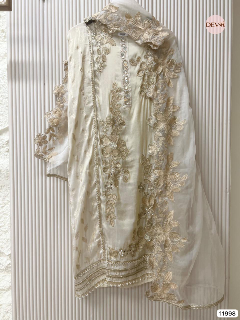 Beige Tissue Shimmer Silk Unstitched Embroidered -Set Of 3 - 11998