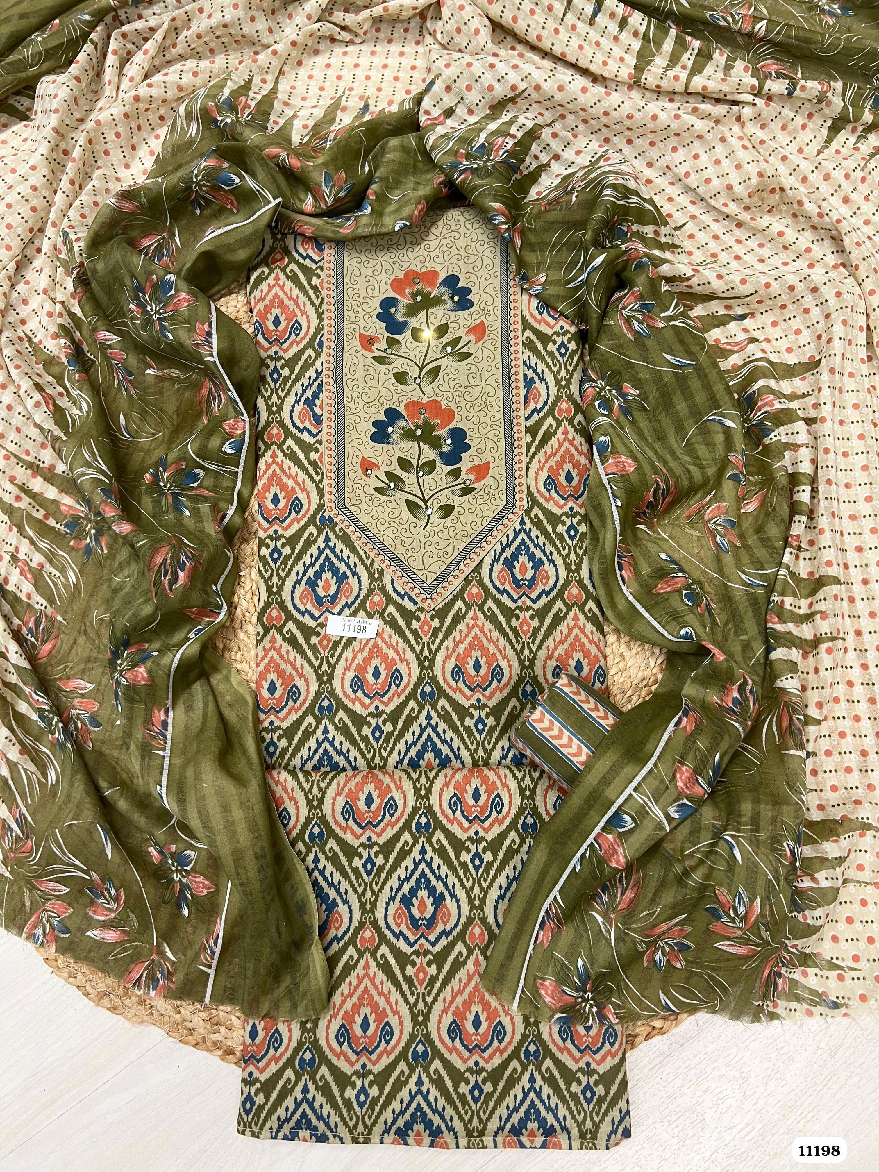 Green Cotton Unstitched Printed Hand Embidered -Set Of 3 {11198}