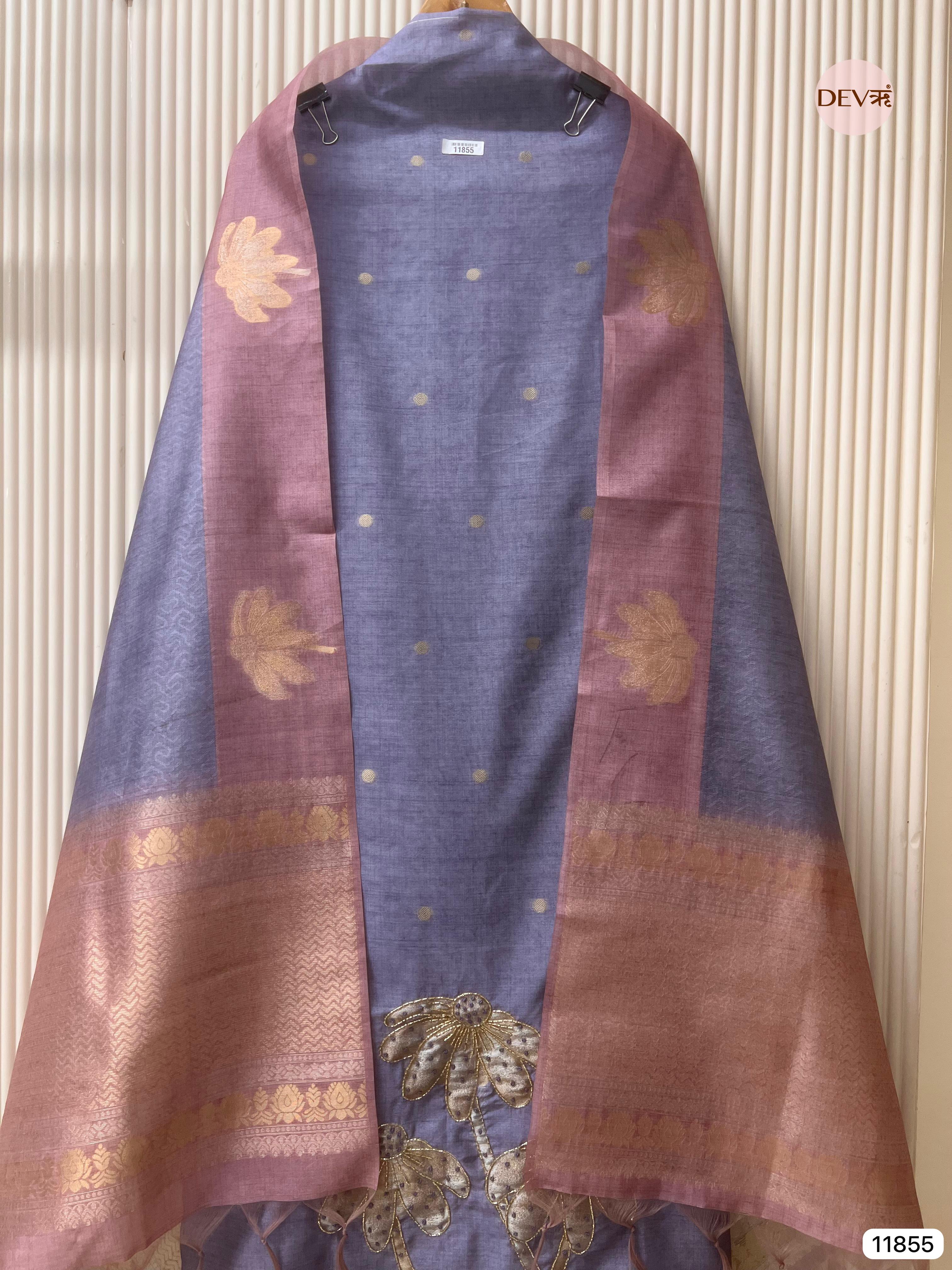 Purple Banarasi silk unstitched woven hand embroidered -Set Of 3- {11855}