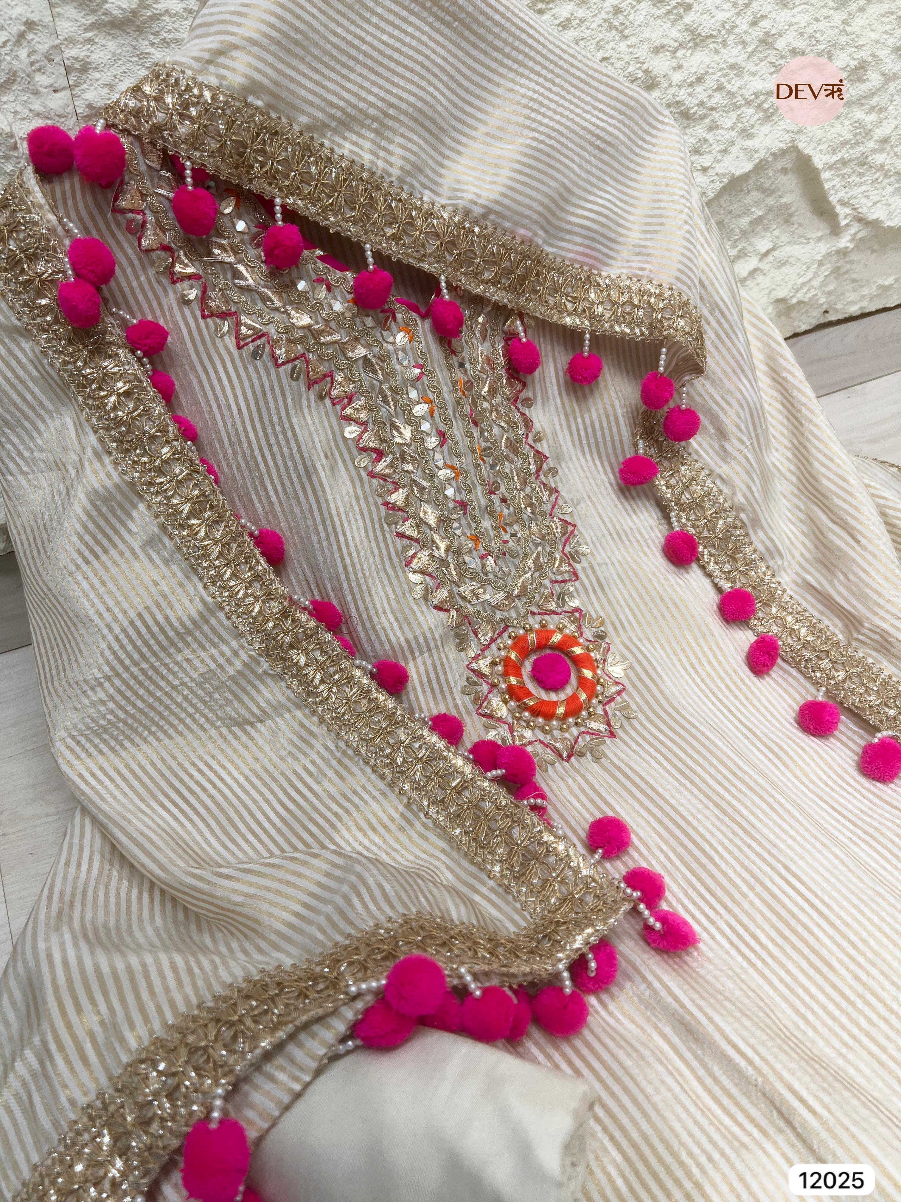 Cream colour Tissue Shimmer Silk Unstitched Gota Patti Hand Embroidered -Set Of 3 - {12025}