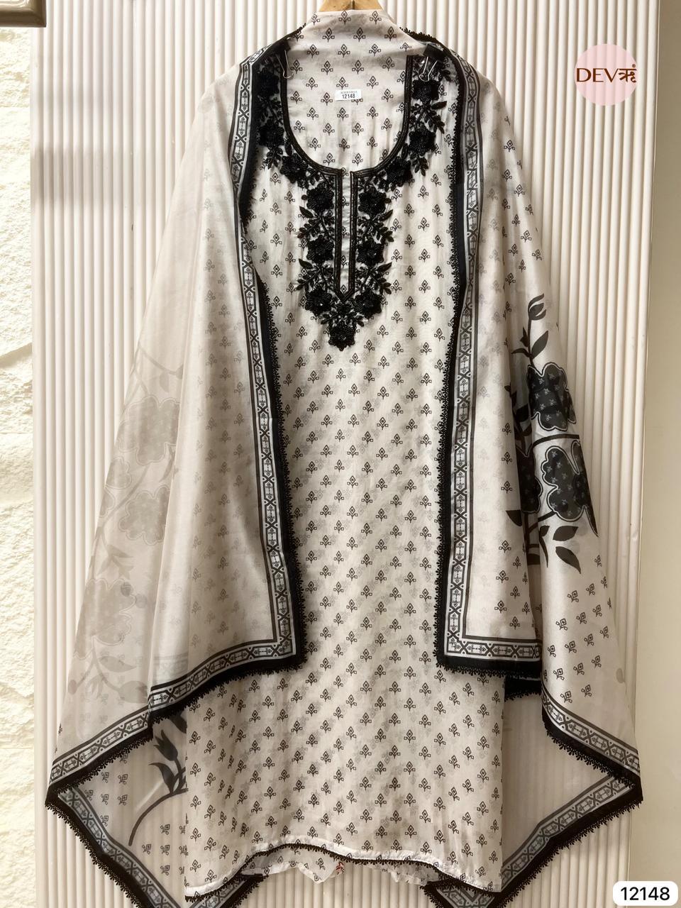 White Pure Organza Embroidered Unstitched 3-Piece Suit (Devri – D.No 12148)