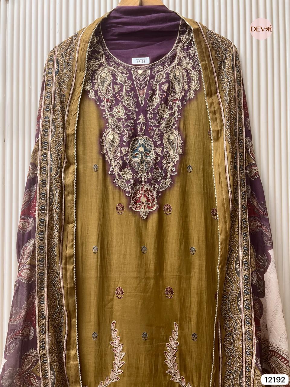 Olive Muslin Embroidered Unstitched 3-Piece Suit (Devri – D.No 12192)
