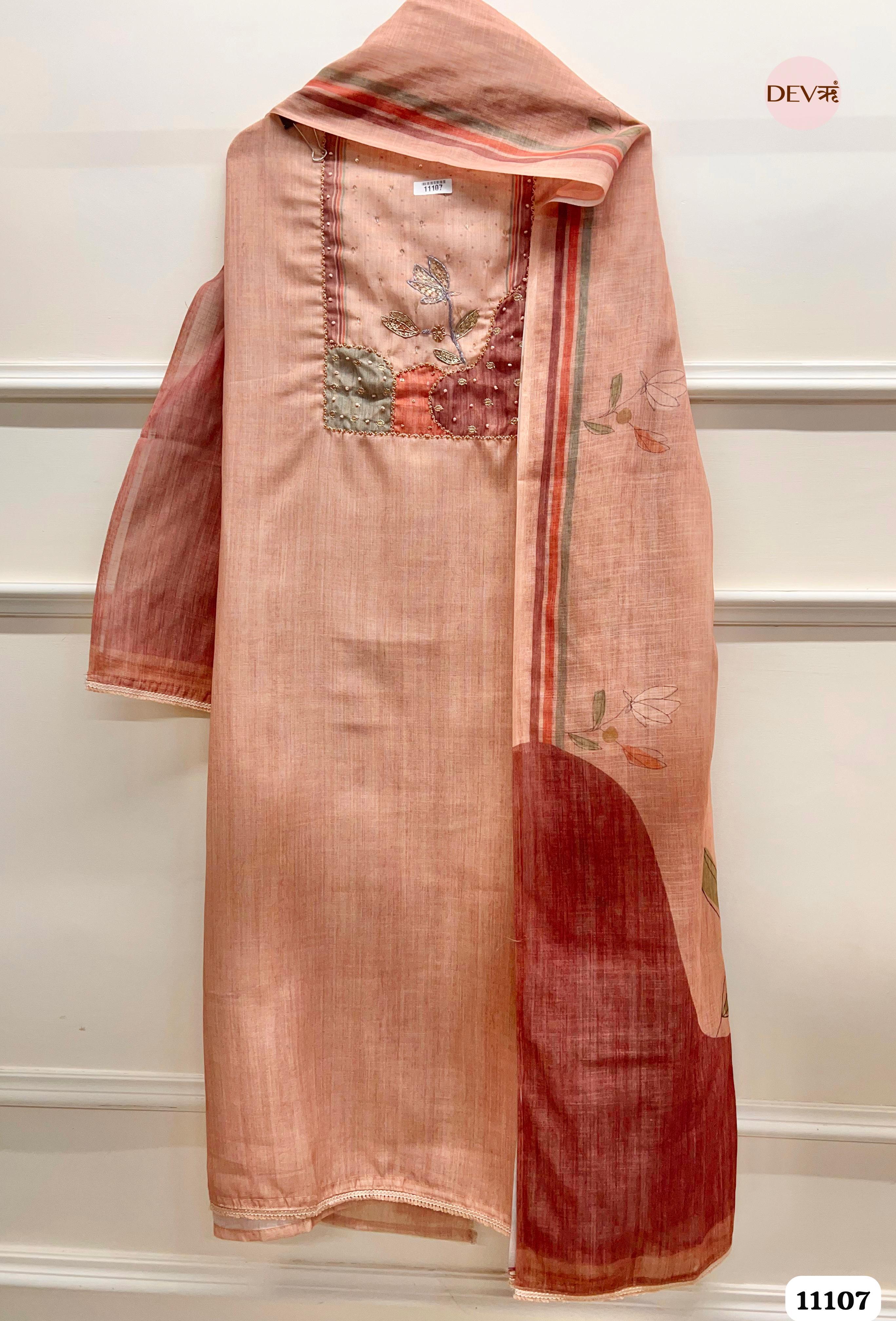 Light Brown Linen Unstitched Printed Hand Embidered -Set Of 3 {11107}