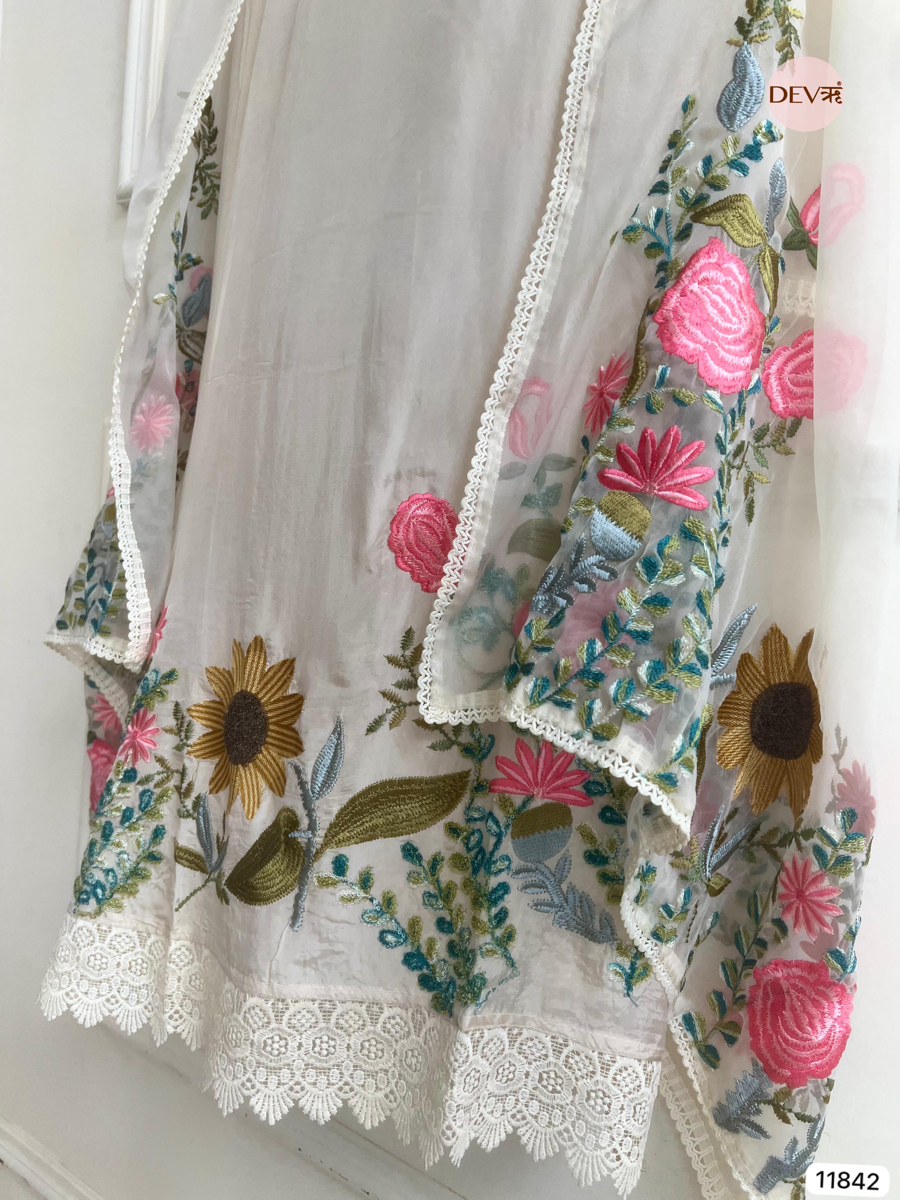 White Organza Silk Unstitched Embroidered -Set Of 3 - {11842}